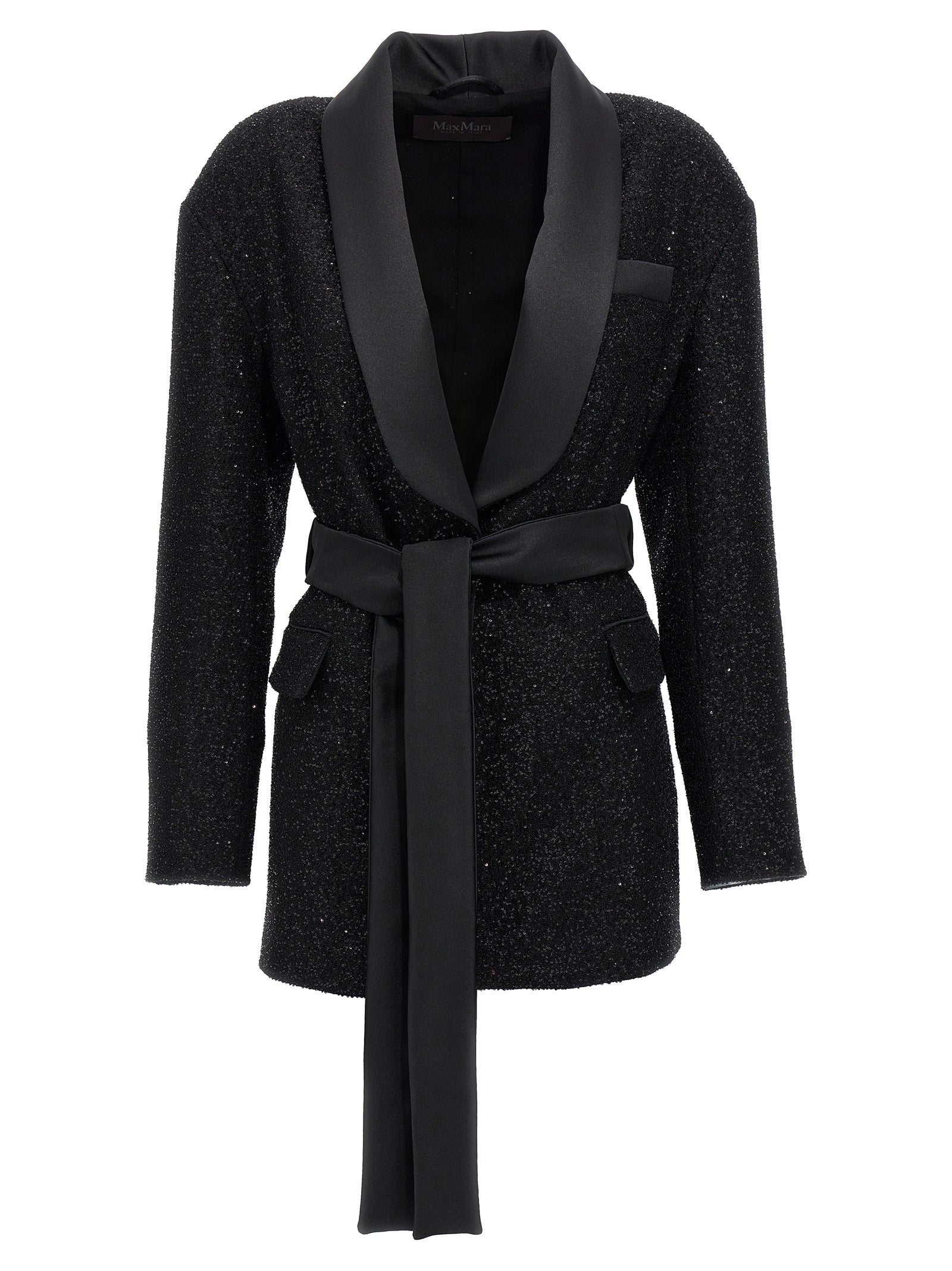 This Blazer by Max Mara for women in polyamide polyester wool satin black presents a tailored silhouette, meticulously tailored with a tailored split shawl-collar neckline and distinctive for a tailored finish.
