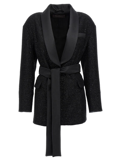 This Blazer by Max Mara for women in polyamide polyester wool satin black presents a tailored silhouette, meticulously tailored with a tailored split shawl-collar neckline and distinctive for a tailored finish.