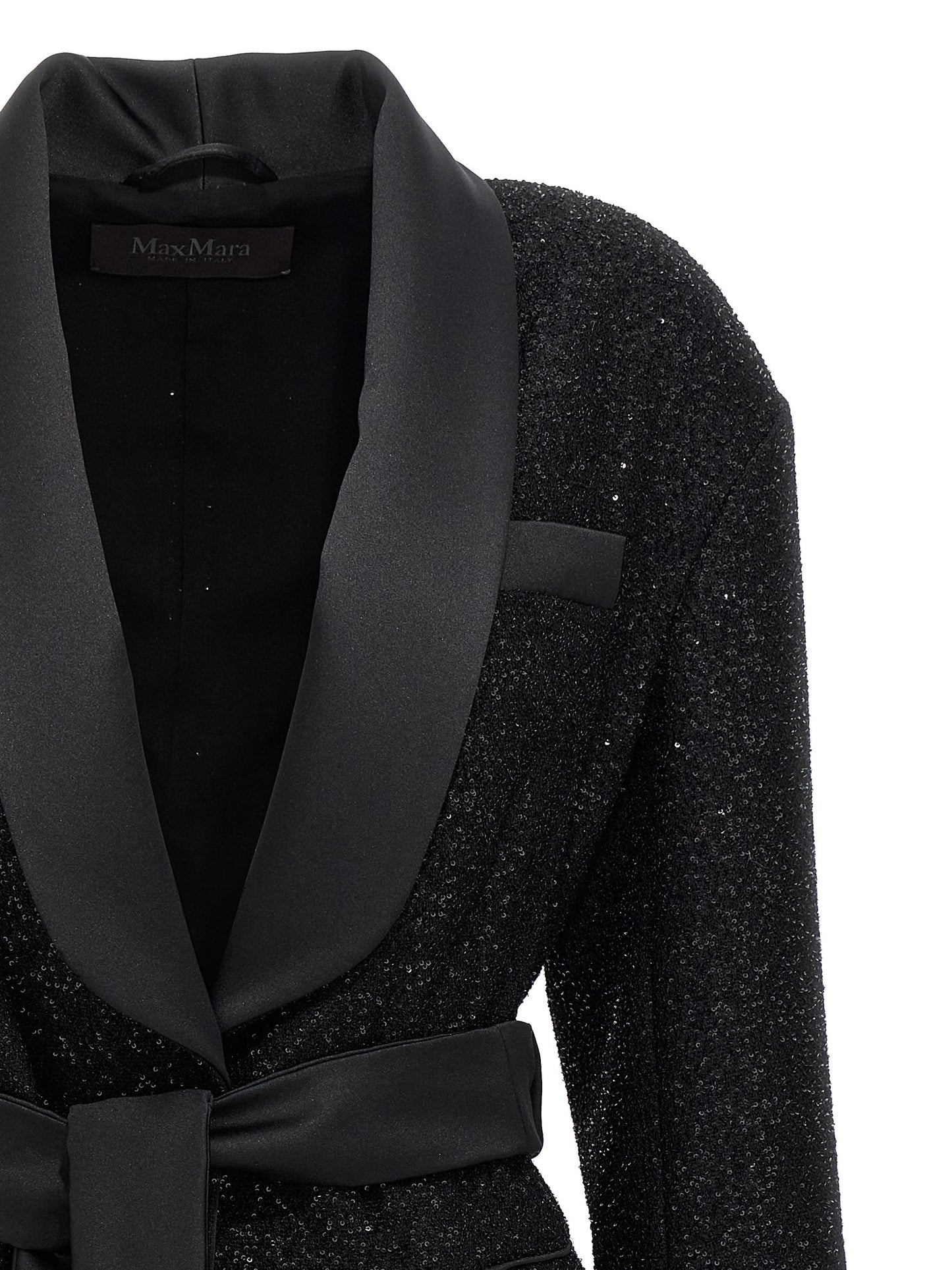 Blazer by Max Mara for women in polyamide polyester wool satin black features an sartorial silhouette, showcasing a sophisticated split shawl-collar neckline and sartorial for a truly sartorial finish.