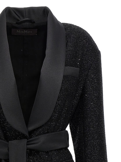 Blazer by Max Mara for women in polyamide polyester wool satin black features an sartorial silhouette, showcasing a sophisticated split shawl-collar neckline and sartorial for a truly sartorial finish.