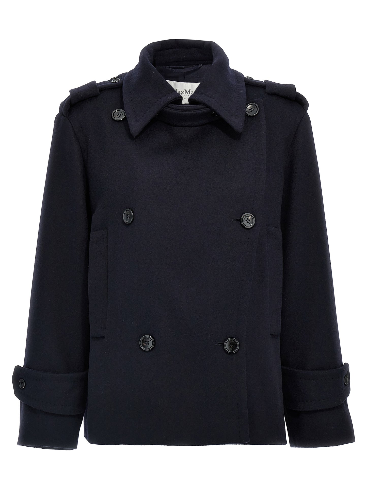 Overcoat by Max Mara for women in viscose & virgin cashmere wool blue features an satoral silhouette, showcasing a sophisticated wrap neckline and satoral pockets & insulated for a premium, timeless look.