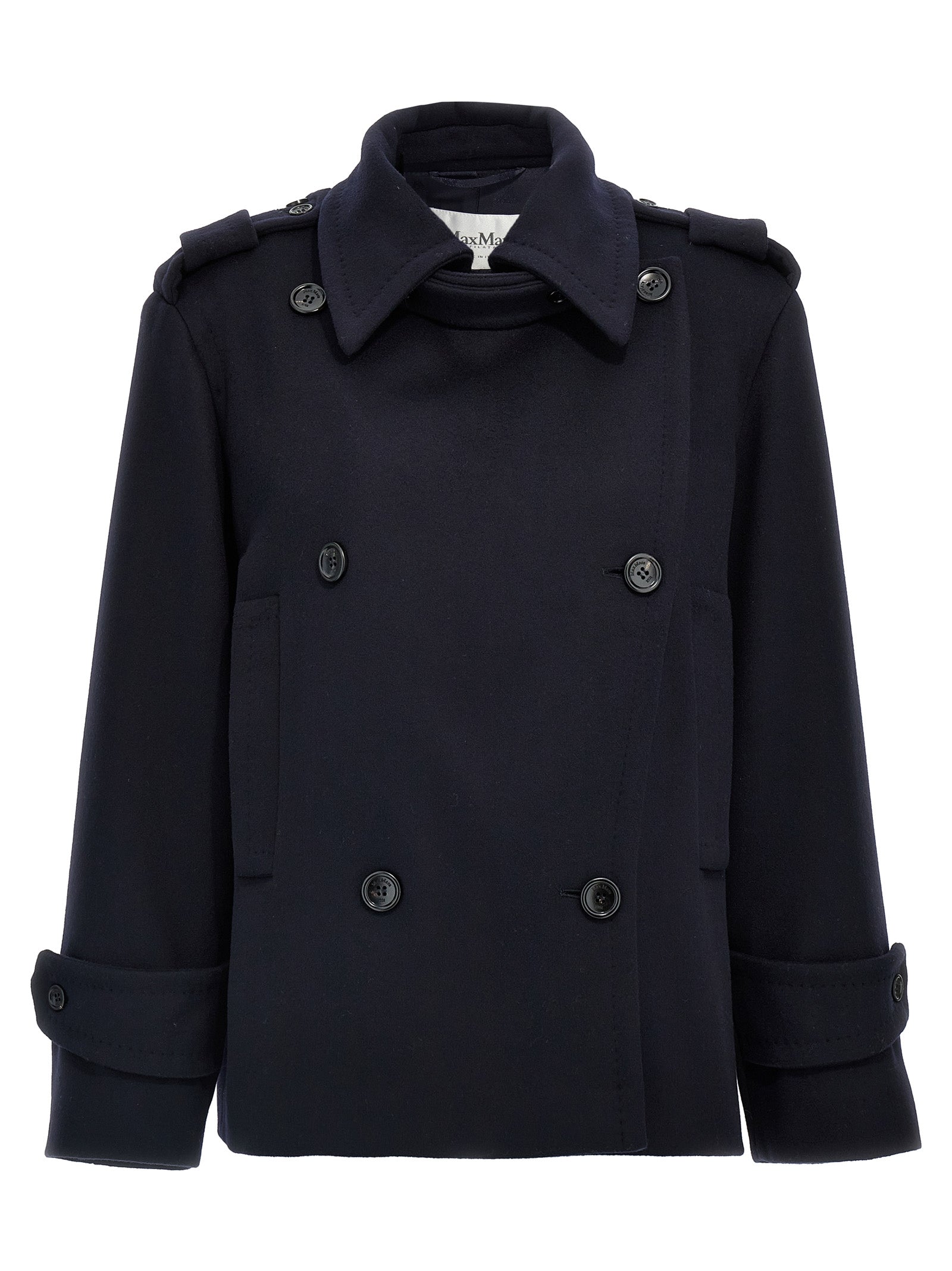 Overcoat by Max Mara for women in viscose & virgin cashmere wool blue features an satoral silhouette, showcasing a sophisticated wrap neckline and satoral pockets & insulated for a premium, timeless look.