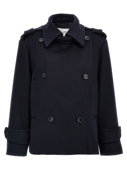 Overcoat by Max Mara for women in viscose & virgin cashmere wool blue features an satoral silhouette, showcasing a sophisticated wrap neckline and satoral pockets & insulated for a premium, timeless look.