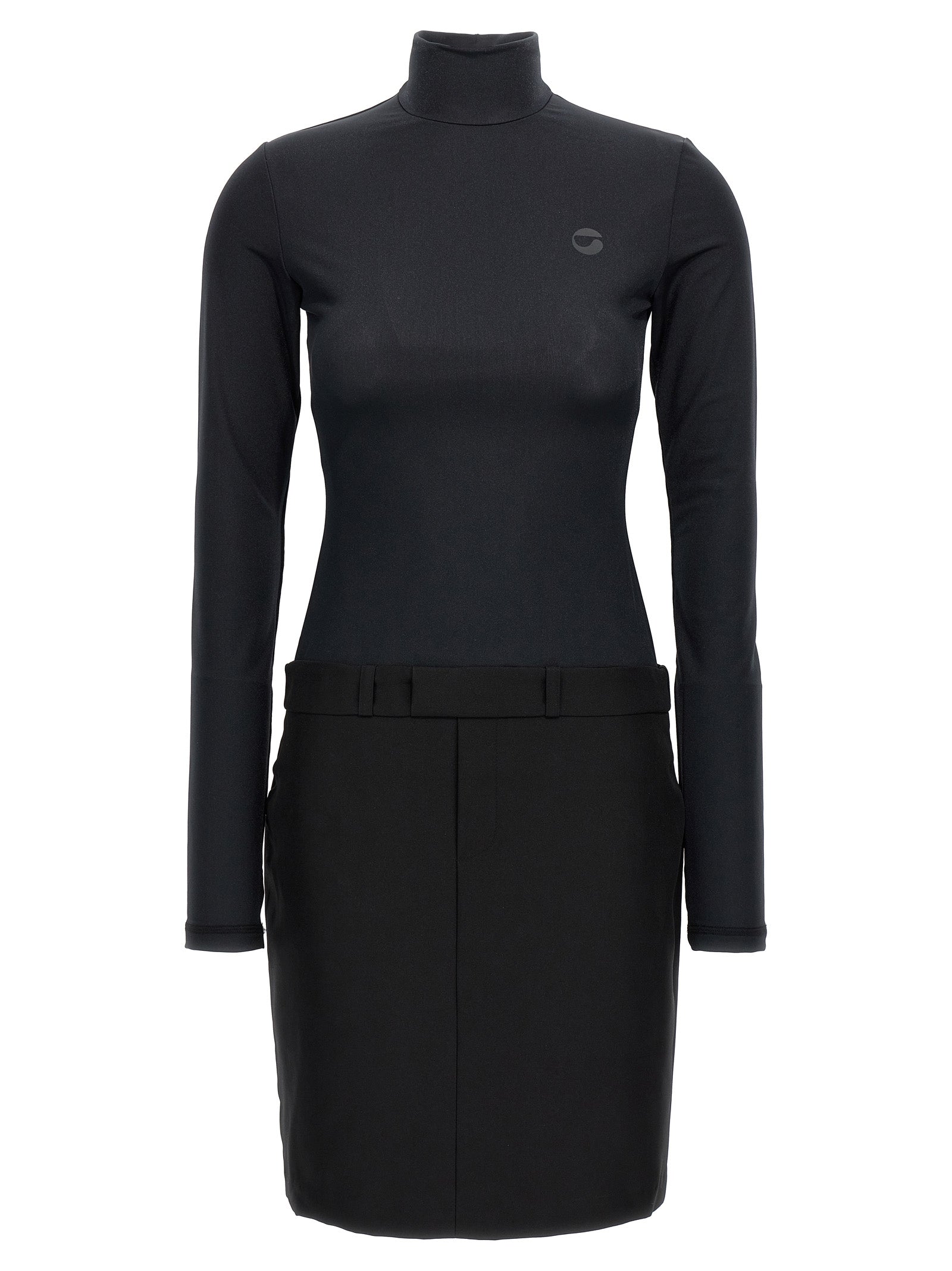 Dress by Coperni for women in polyester black features an eye catching silhouette with a sophisticated high-neck neckline, elegant long-sleeve, and a refined short mini for a eye catching aesthetic.