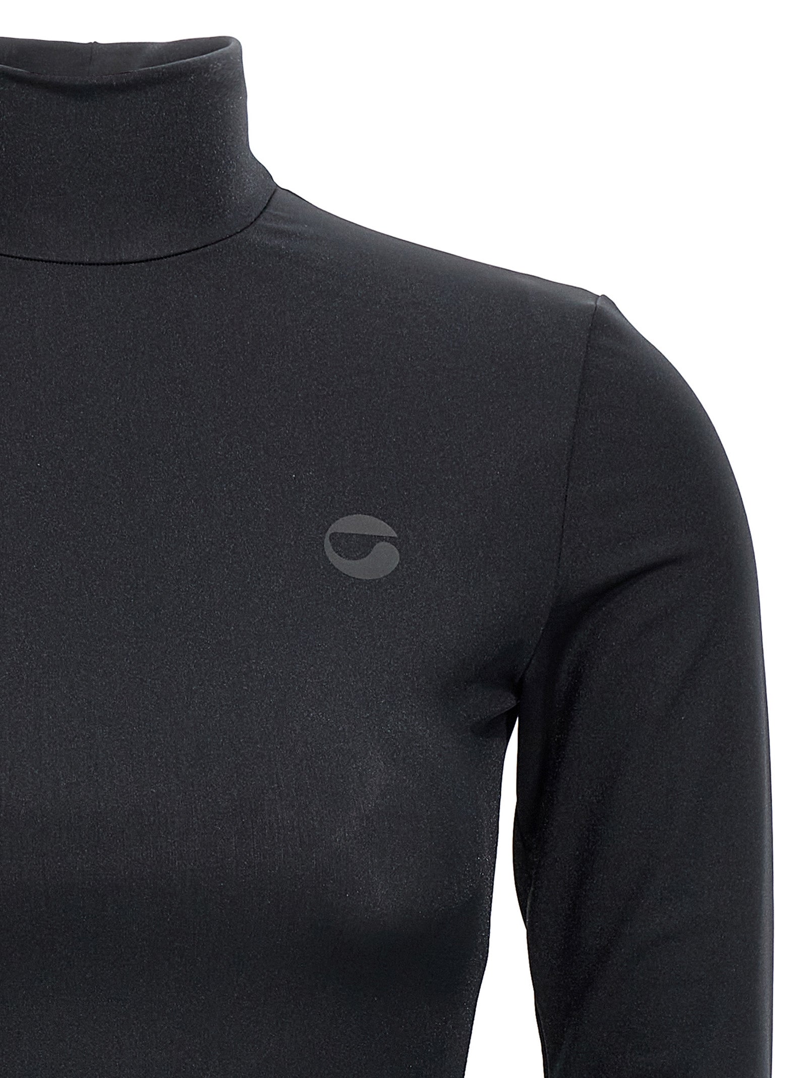 Dress by Coperni for women in polyester black presents a sinuous silhouette, showcasing a sophisticated high-neck neckline and detailed with a sinuous short mini for a refined finish.