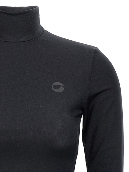 Dress by Coperni for women in polyester black presents a sinuous silhouette, showcasing a sophisticated high-neck neckline and detailed with a sinuous short mini for a refined finish.