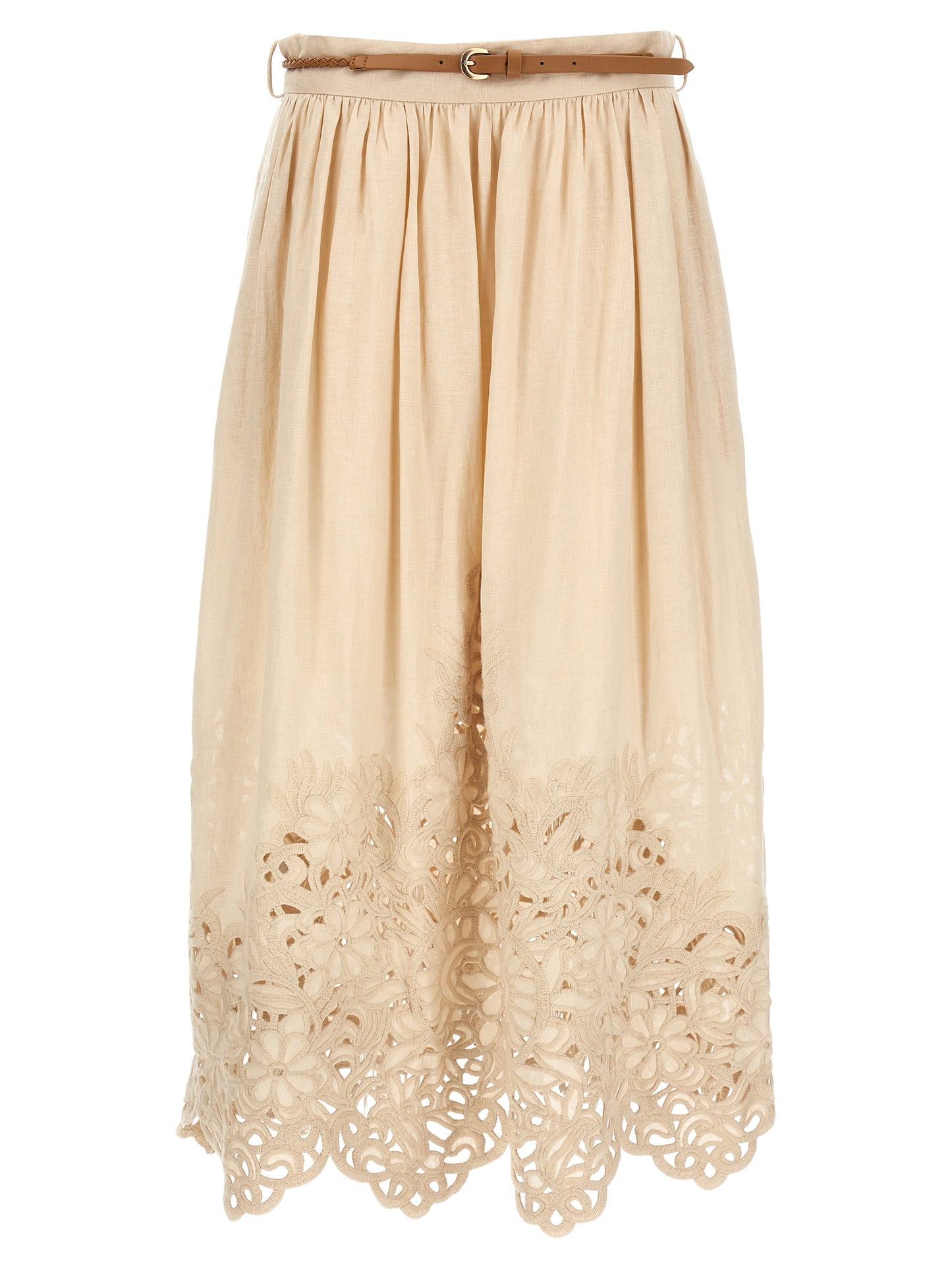 Skirt by Zimmermann for women in linen & cotton beige features an relaxed-yet-refined silhouette that elegantly showcases the Women's Linen & Cotton Midi Skirt design and sophisticated midi.