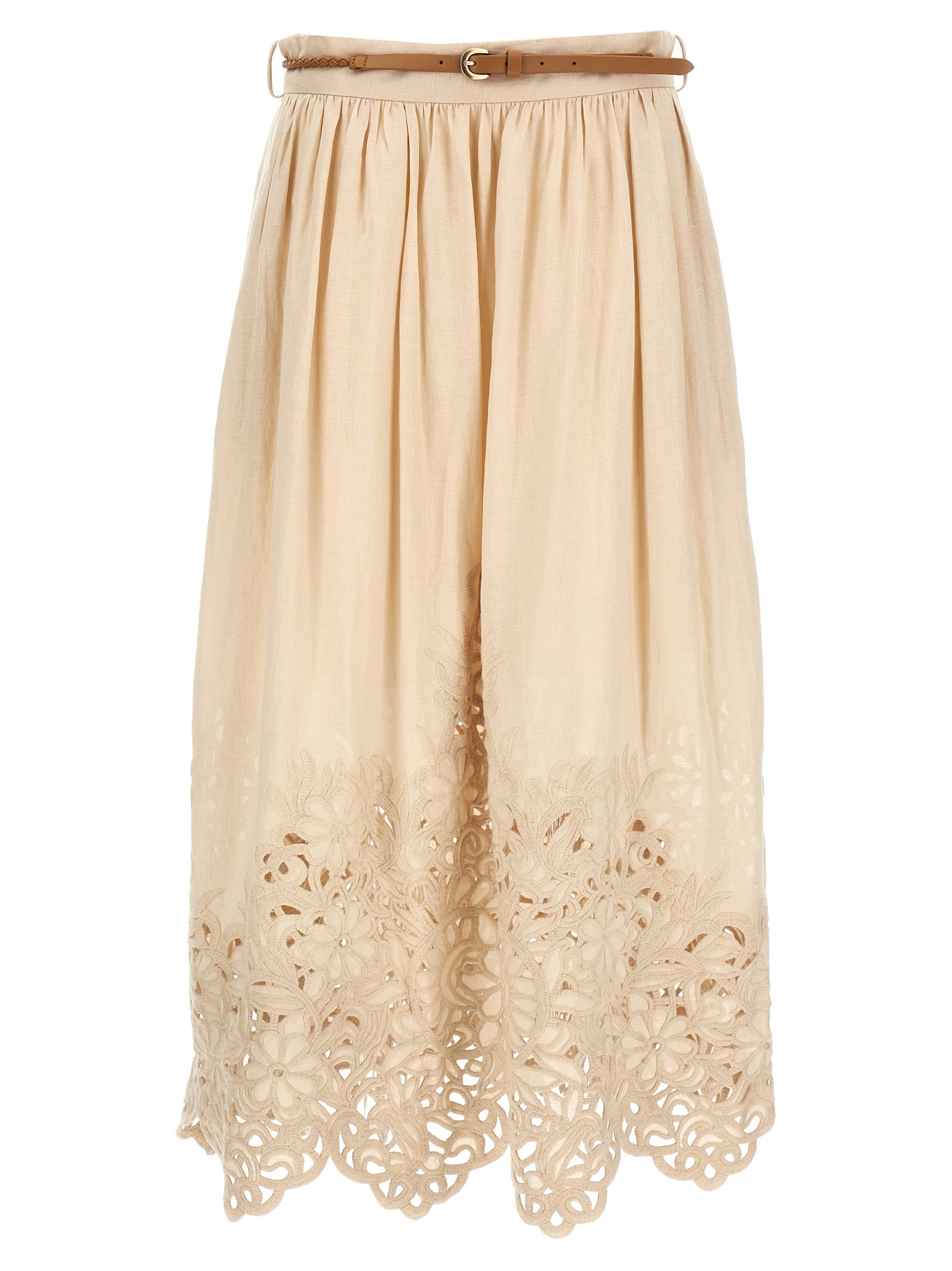 Skirt by Zimmermann for women in linen & cotton beige features an relaxed-yet-refined silhouette that elegantly showcases the Women's Linen & Cotton Midi Skirt design and sophisticated midi.