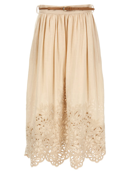 Skirt by Zimmermann for women in linen & cotton beige features an relaxed-yet-refined silhouette that elegantly showcases the Women's Linen & Cotton Midi Skirt design and sophisticated midi.