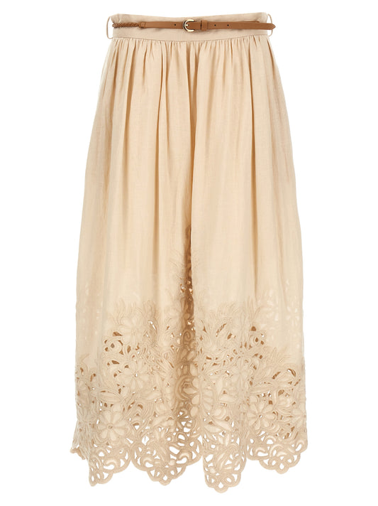 Skirt by Zimmermann for women in linen & cotton beige features an relaxed-yet-refined silhouette that elegantly showcases the Women's Linen & Cotton Midi Skirt design and sophisticated midi.