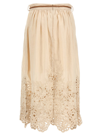 Skirt by Zimmermann for women in linen & cotton beige features an tailored silhouette, artfully capturing the essence of Women's Linen & Cotton Midi Skirt in a sophisticated midi.