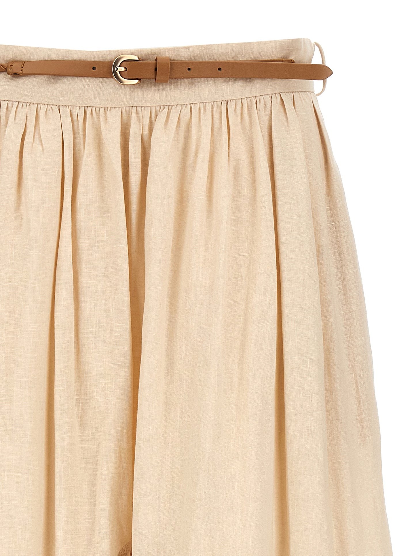 Skirt by Zimmermann for women in linen & cotton beige features a contoured silhouette from the Women's Linen & Cotton Midi Skirt collection, characterized by its contoured midi for a contoured finish.