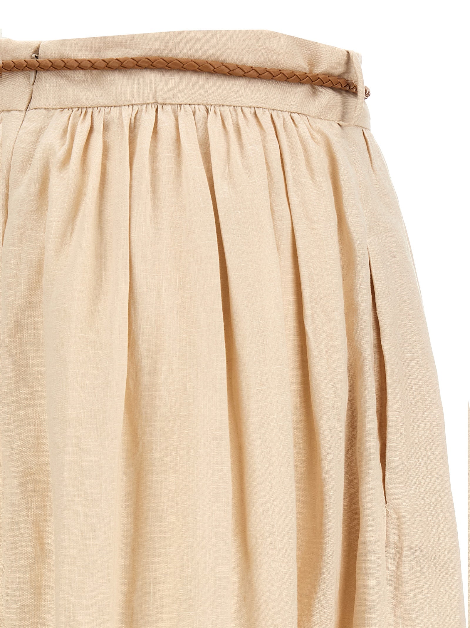 Skirt by Zimmermann for women in linen & cotton beige showcases a dramatic silhouette, artfully capturing the essence of the Women's Linen & Cotton Midi Skirt in a dramatic midi cut for a refined look.