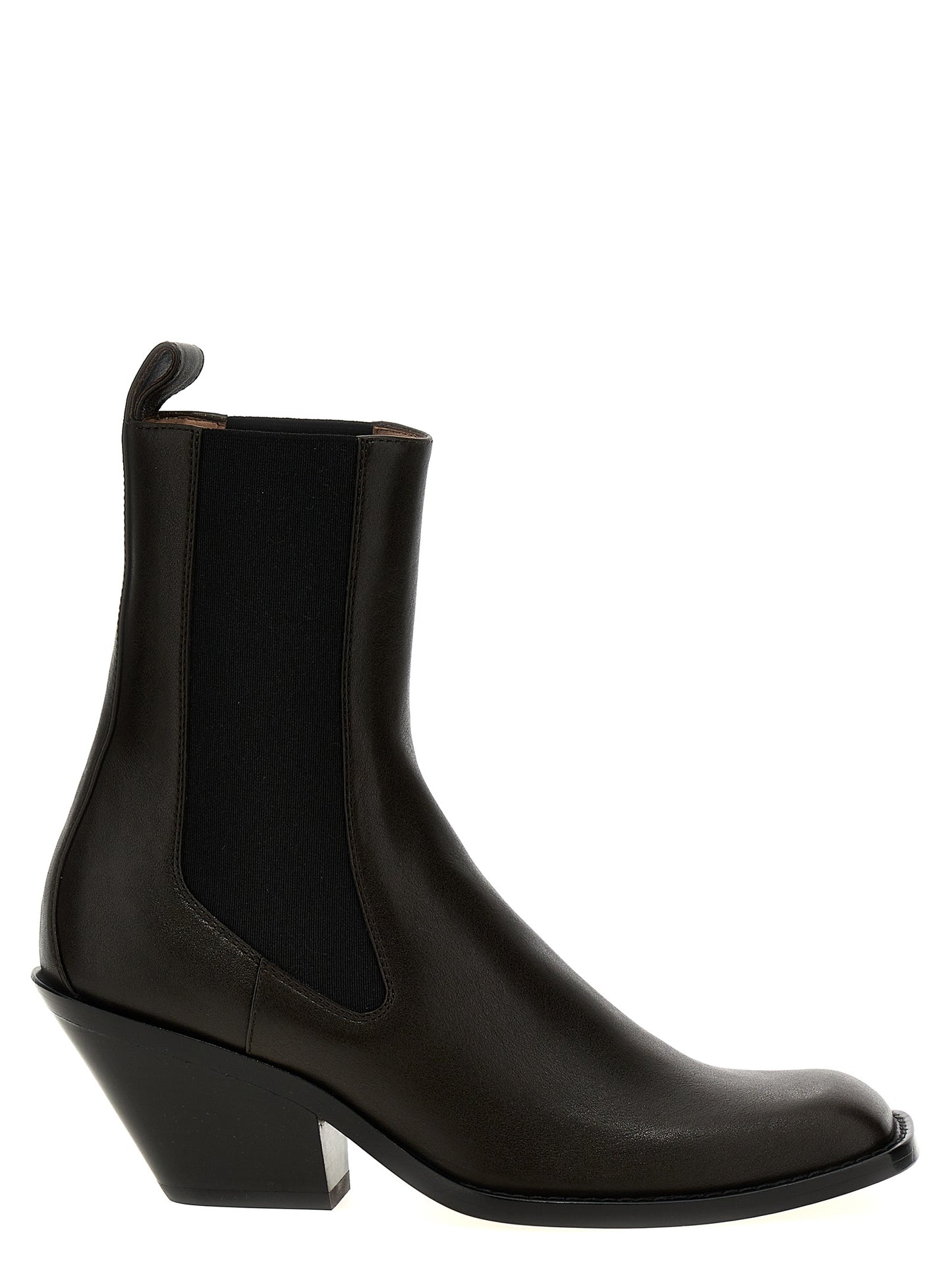 Ankle Chelsea Strap Boots by Khaite for women in bos taurus calfskin leather brown features an avant-garde Women's Bos Taurus Calfskin Leather Ankle Chelsea Strap Boots silhouette, defined by a sophisticated and a avant-garde square toe style.