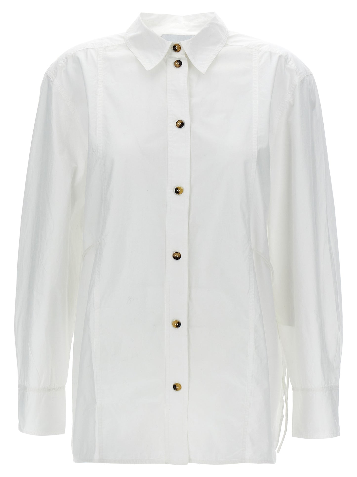 Blouse by Ganni for women in organic cotton white features an architectural silhouette with a refined and elegant for a architectural look.