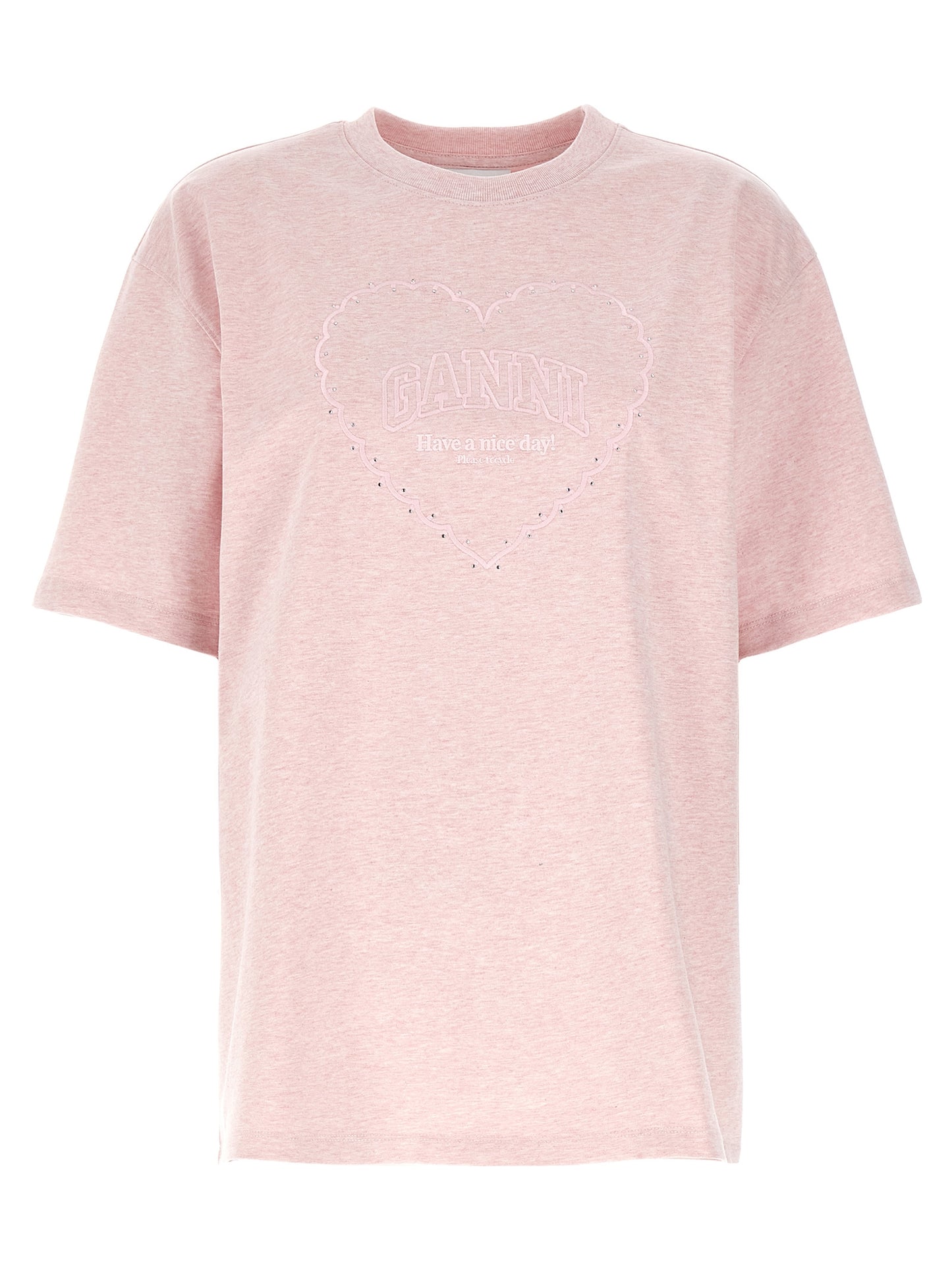 Activewear T-Shirt by Ganni for women in organic cotton & rhinestone multicolor & pink features an contemporary design with , a short-sleeve length, and a contemporary crew neckline.