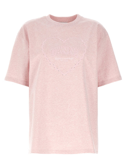 Activewear T-Shirt by Ganni for women in organic cotton & rhinestone multicolor & pink features an contemporary design with , a short-sleeve length, and a contemporary crew neckline.