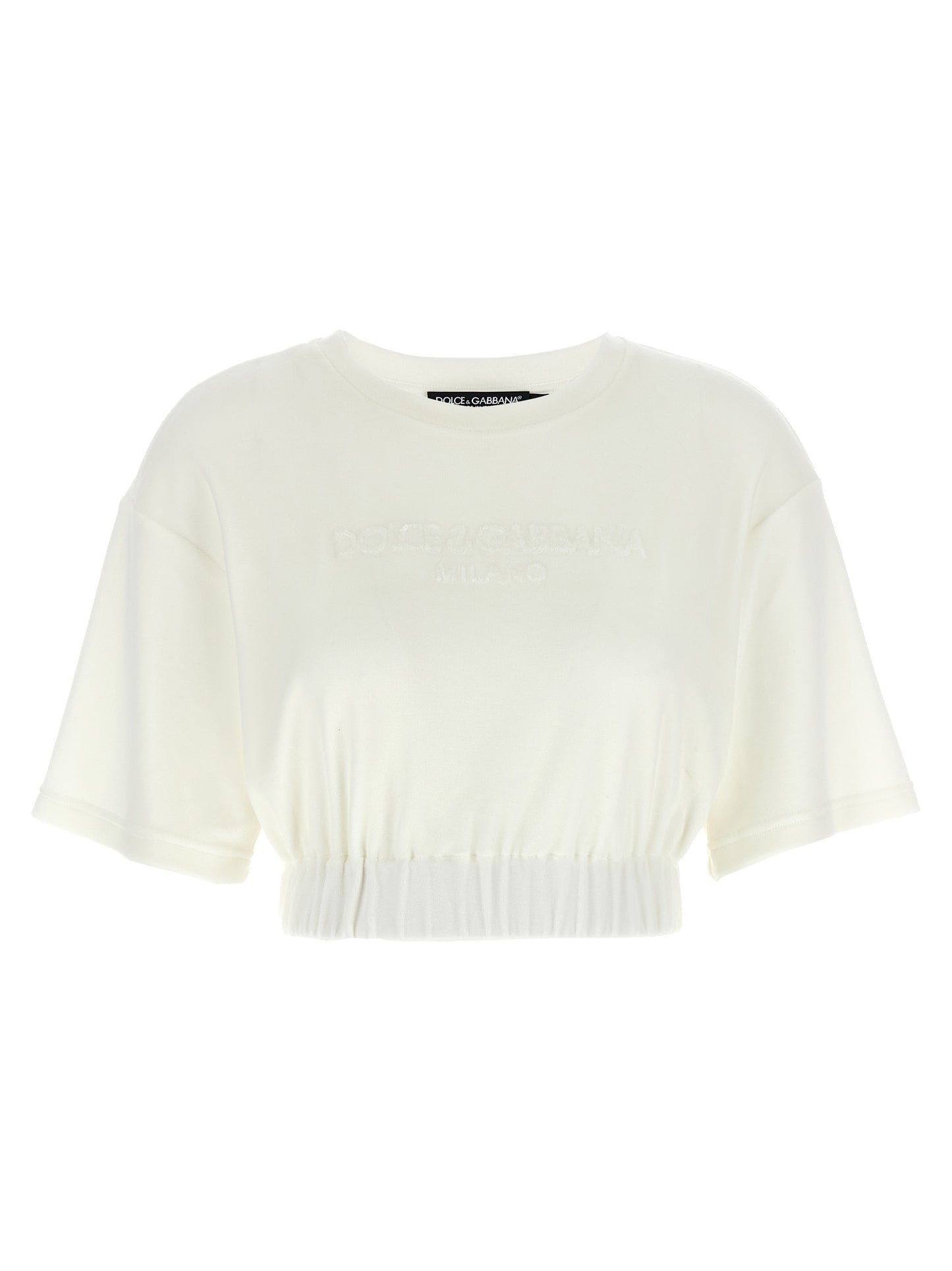 T-Shirt by Dolce & Gabbana for women in polyamide cotton white showcases a fashionable silhouette, elegantly detailed with a fashionable short-sleeve and crew neckline for a sophisticated, high-fashion look.