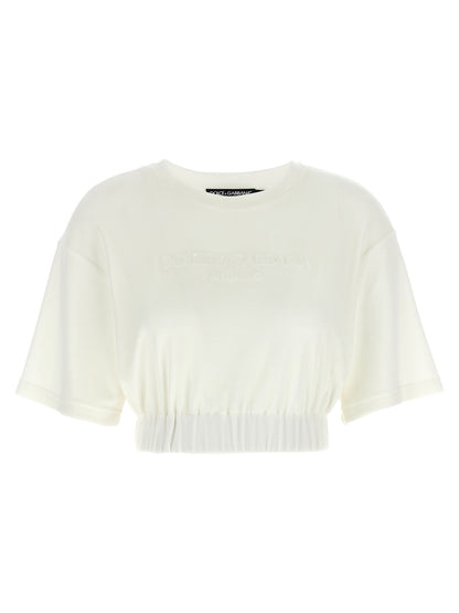 T-Shirt by Dolce & Gabbana for women in polyamide cotton white showcases a fashionable silhouette, elegantly detailed with a fashionable short-sleeve and crew neckline for a sophisticated, high-fashion look.