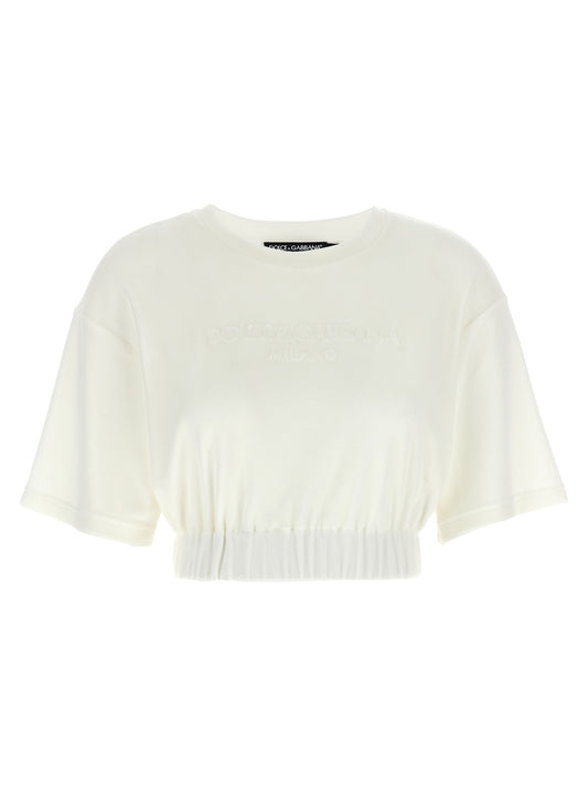 T-Shirt by Dolce & Gabbana for women in polyamide cotton white showcases a fashionable silhouette, elegantly detailed with a fashionable short-sleeve and crew neckline for a sophisticated, high-fashion look.