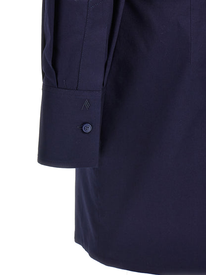 Dress by The Attico for women in stretch cotton blue features a dramatic silhouette, showcasing an elegant and that flows into a dramatic short mini.