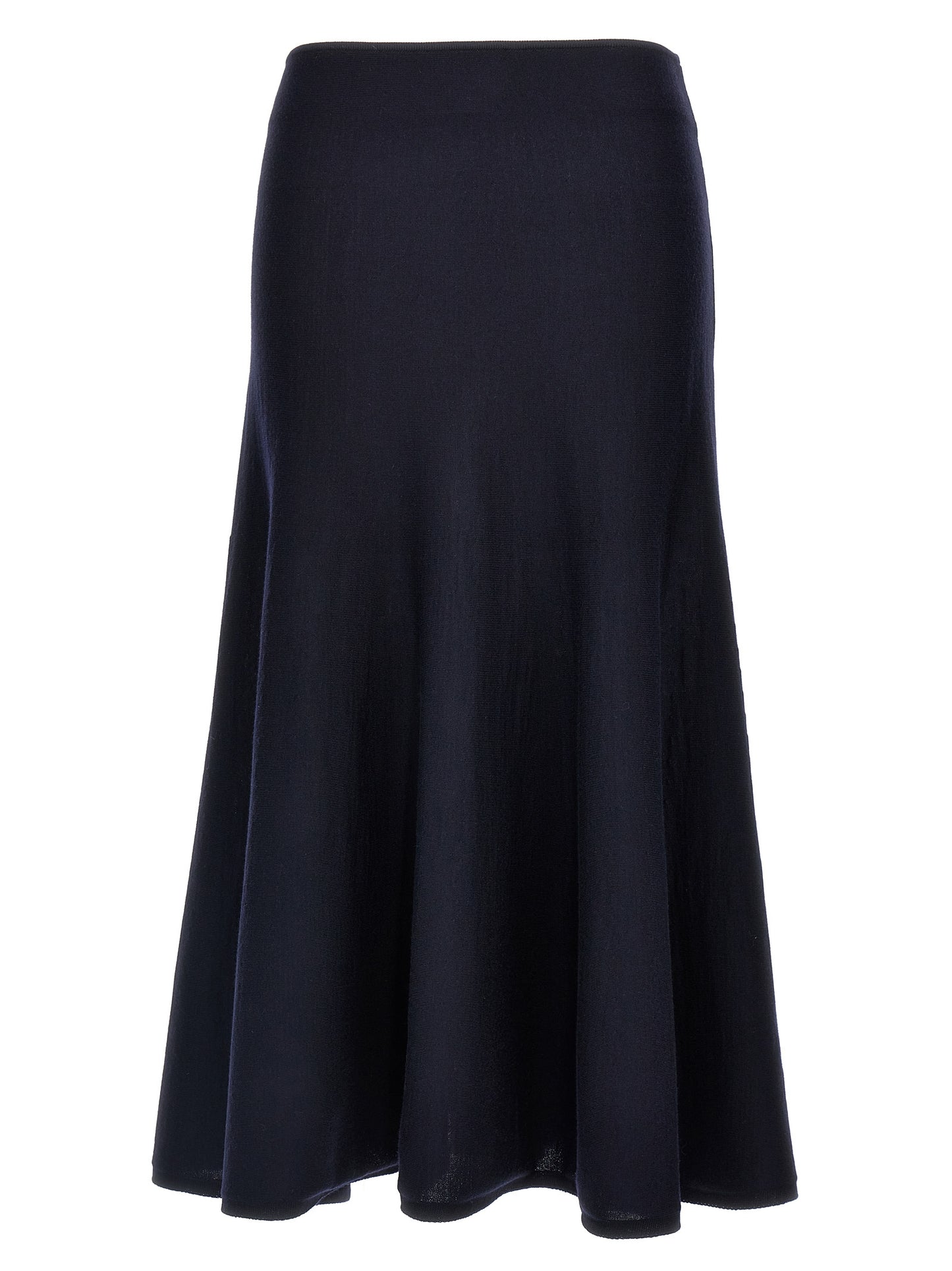 Skirt by Khaite for women in polyamide wool blue showcases a sultry silhouette, elegantly defined by its midi and the sophisticated sultry design of the 9 To 5 Women's Polyamide Wool Midi Skirt.