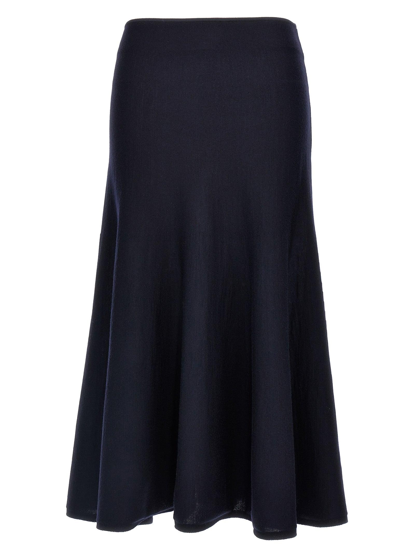 Skirt by Khaite for women in polyamide wool blue showcases a sultry silhouette, elegantly defined by its midi and the sophisticated sultry design of the 9 To 5 Women's Polyamide Wool Midi Skirt.