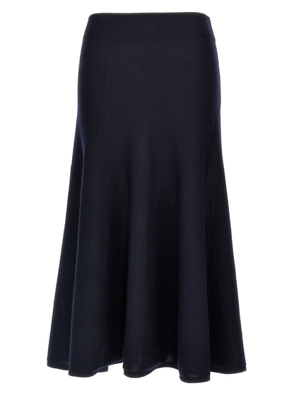 Skirt by Khaite for women in polyamide wool blue showcases a sultry silhouette, elegantly defined by its midi and the sophisticated sultry design of the 9 To 5 Women's Polyamide Wool Midi Skirt.