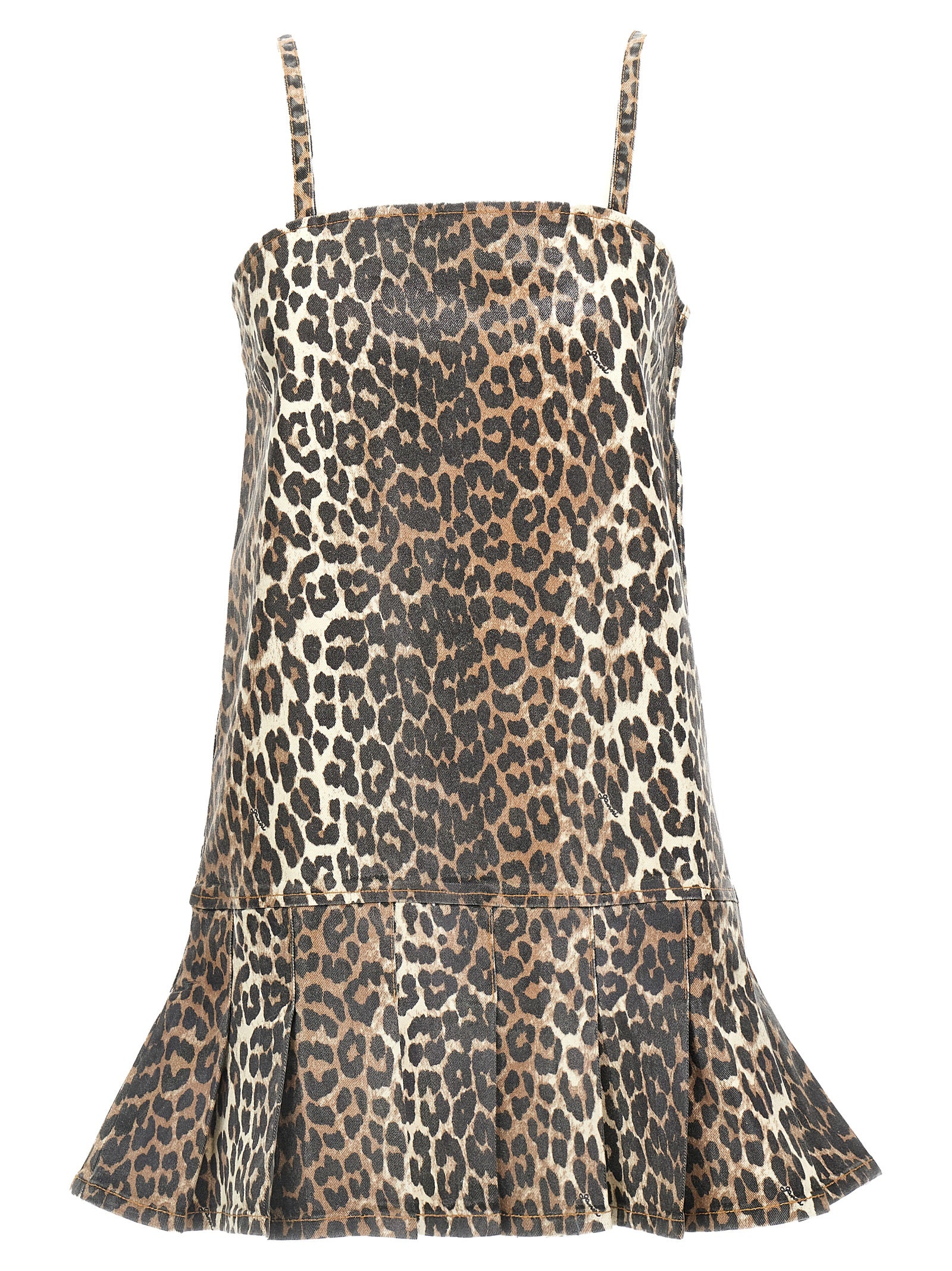 Dress by Ganni for women in stretch organic cotton denim multicolor, leopard-print & print features a dramatic silhouette, showcasing an elegant square neckline and that flows into a dramatic short mini.