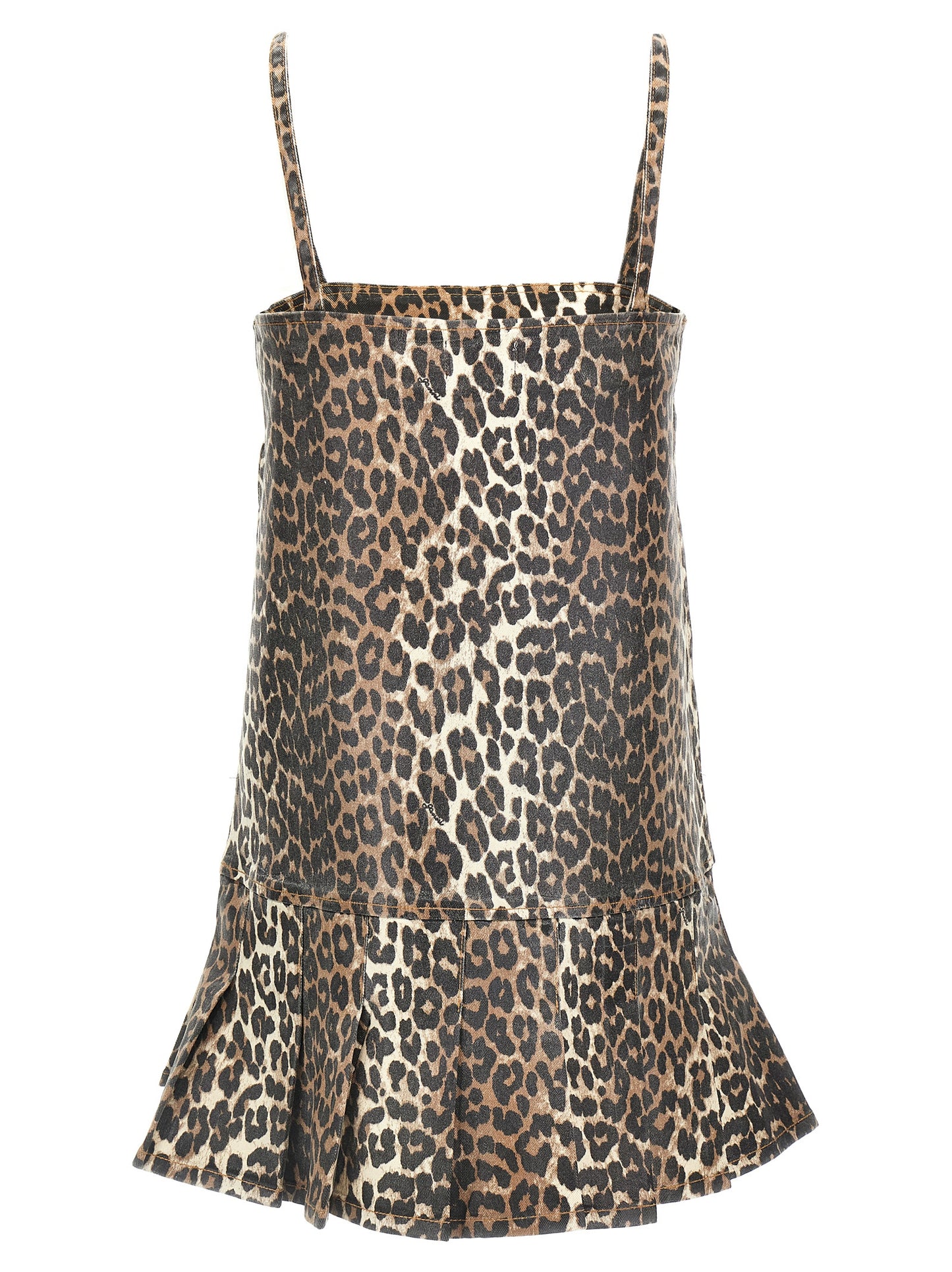 Dress by Ganni for women in stretch organic cotton denim multicolor, leopard-print & print features an eye catching silhouette with a sophisticated square neckline, elegant , and a refined short mini for a eye catching aesthetic.