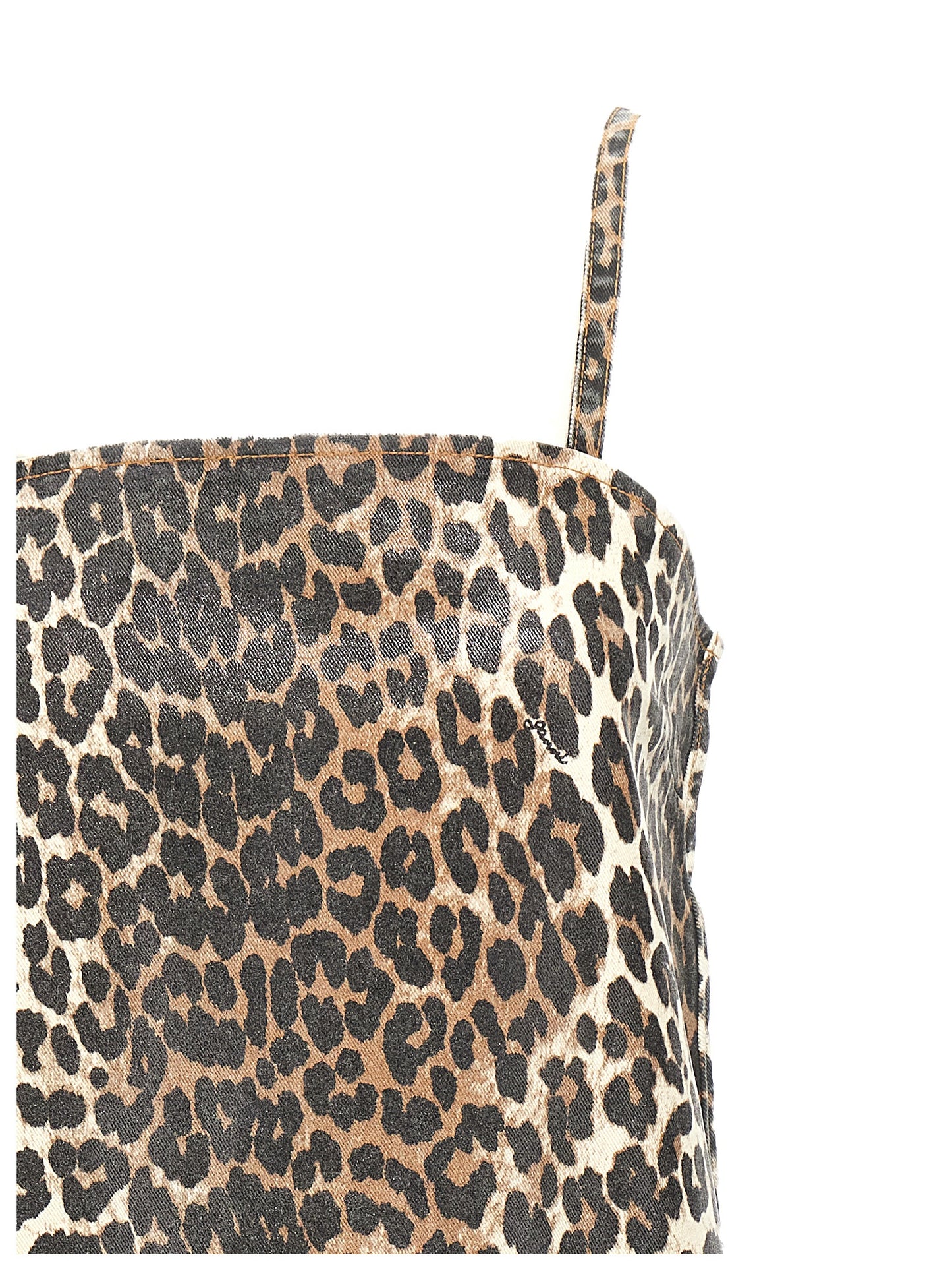 Dress by Ganni for women in stretch organic cotton denim multicolor, leopard-print & print presents a sinuous silhouette, showcasing a sophisticated square neckline and detailed with a sinuous short mini for a refined finish.