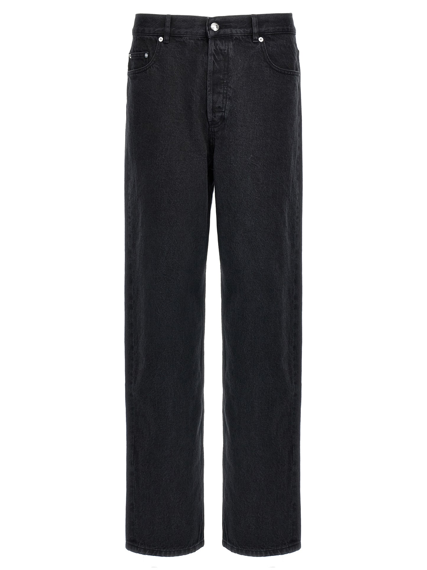 Jeans by A.P.C. for men in denim cotton black presents a tailored silhouette, showcasing a tailored straight-leg & wide and long cut with a refined high rise for a truly tailored aesthetic.