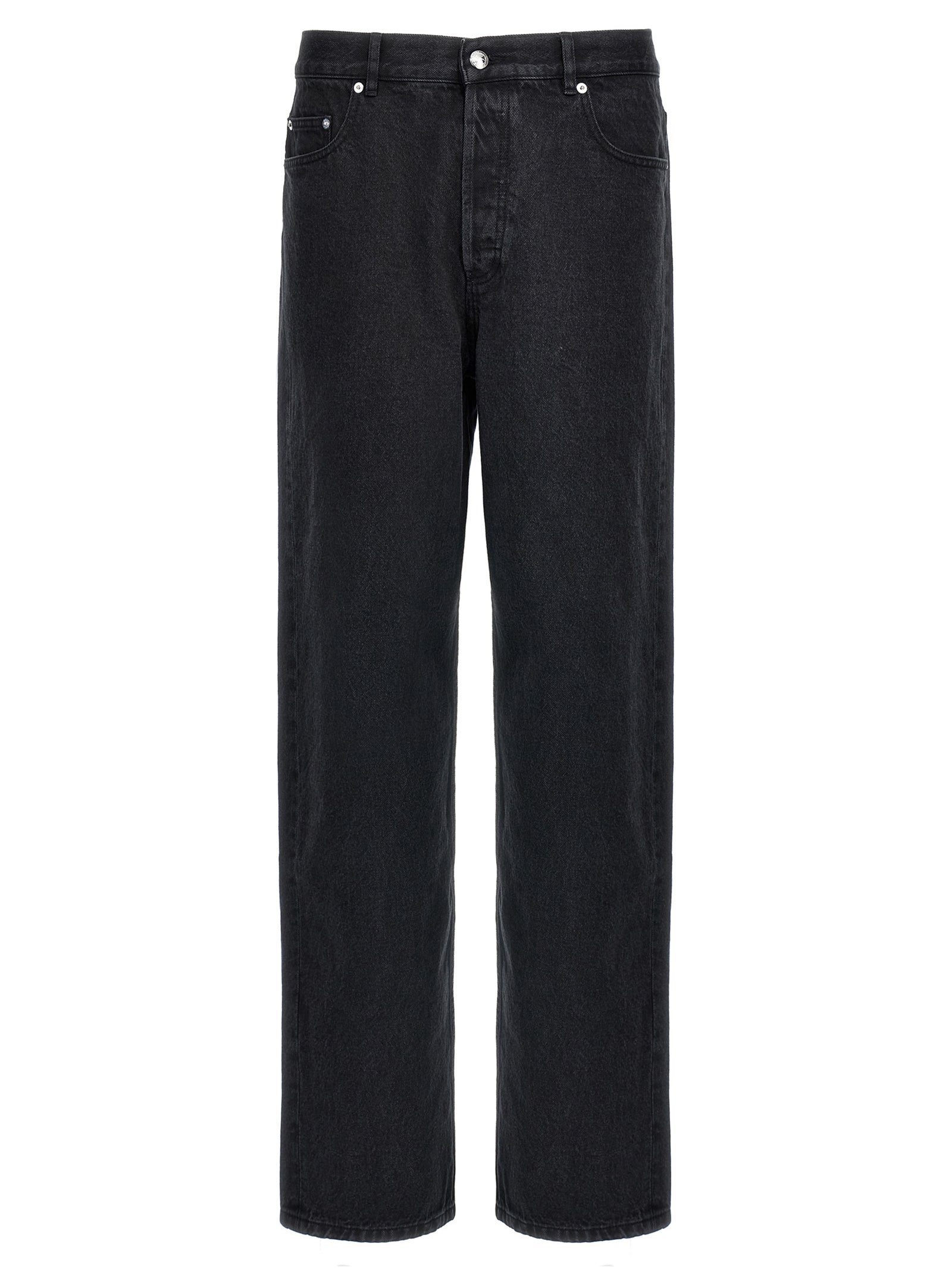 Jeans by A.P.C. for men in denim cotton black presents a tailored silhouette, showcasing a tailored straight-leg & wide and long cut with a refined high rise for a truly tailored aesthetic.