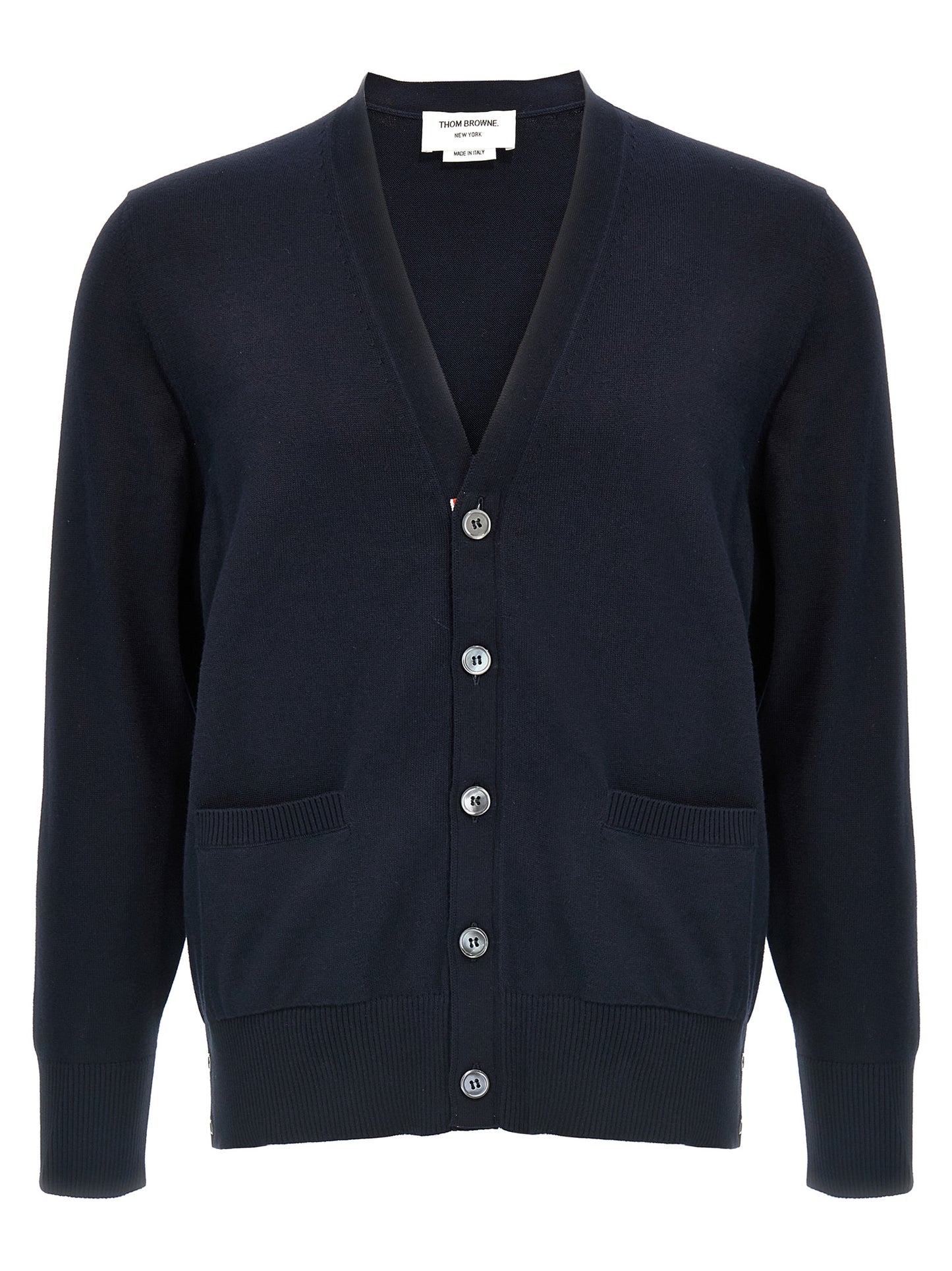 Cardigan by Thom Browne for men in cotton blue & signature features a dramatic silhouette, showcasing a sophisticated v-neck neckline and dramatic detail for a timeless, premium look.