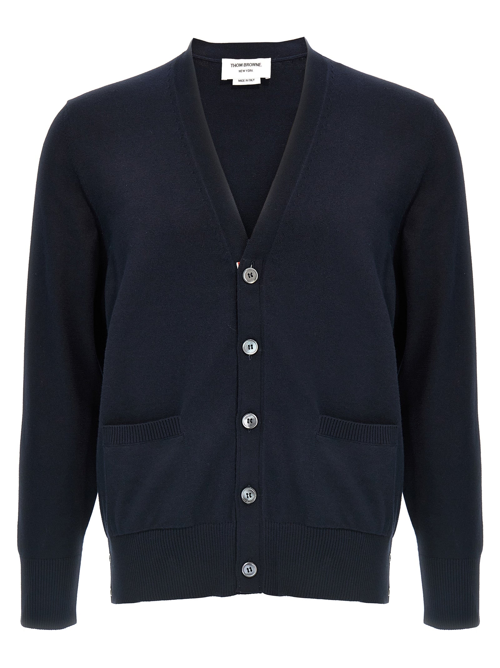 Cardigan by Thom Browne for men in cotton blue & signature features a dramatic silhouette, showcasing a sophisticated v-neck neckline and dramatic detail for a timeless, premium look.