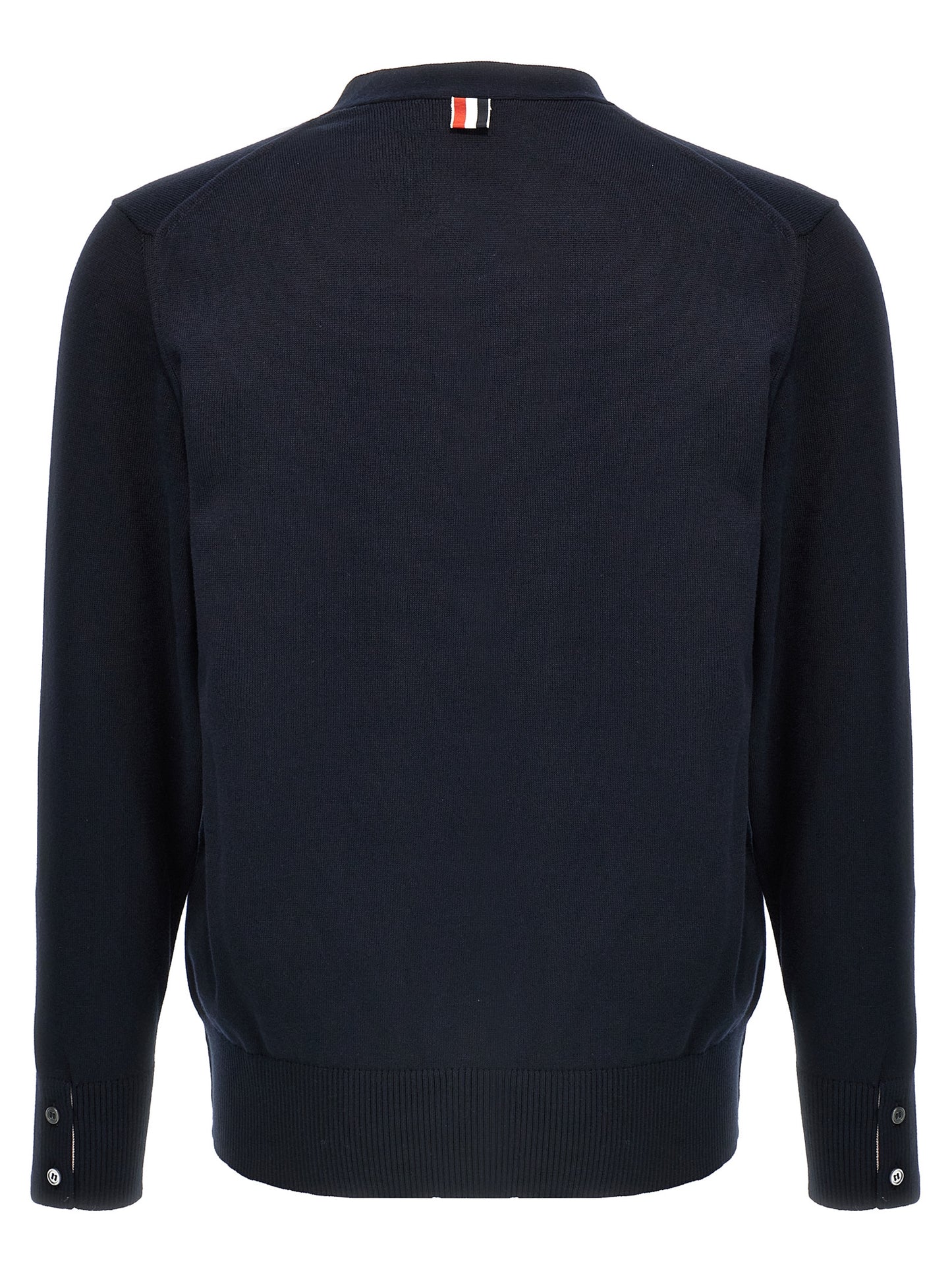 Cardigan by Thom Browne for men in cotton blue & signature presents a textural silhouette, artfully finished with a textural v-neck neckline and for a sophisticated, textural look.