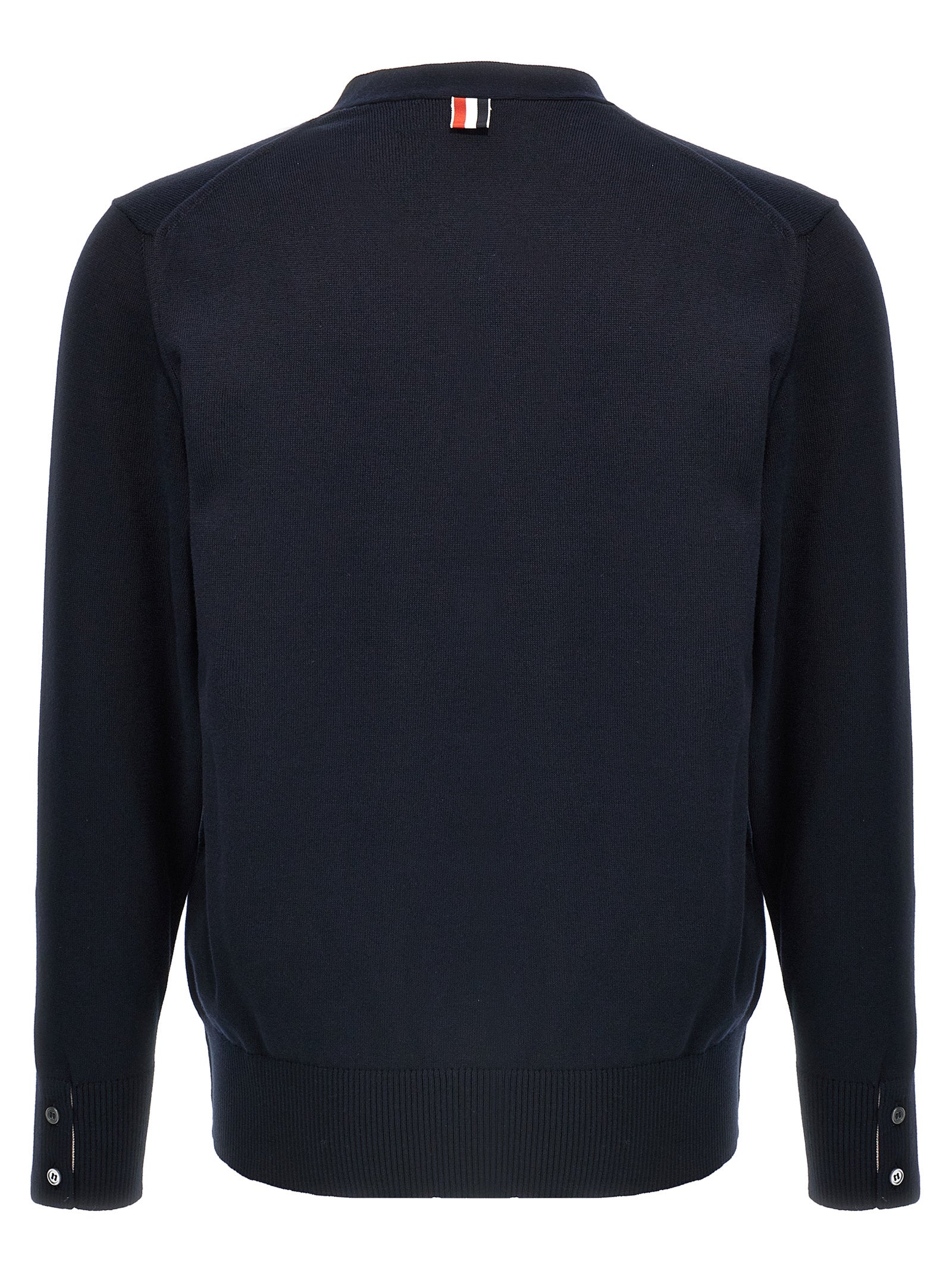 Cardigan by Thom Browne for men in cotton blue & signature presents a textural silhouette, artfully finished with a textural v-neck neckline and for a sophisticated, textural look.