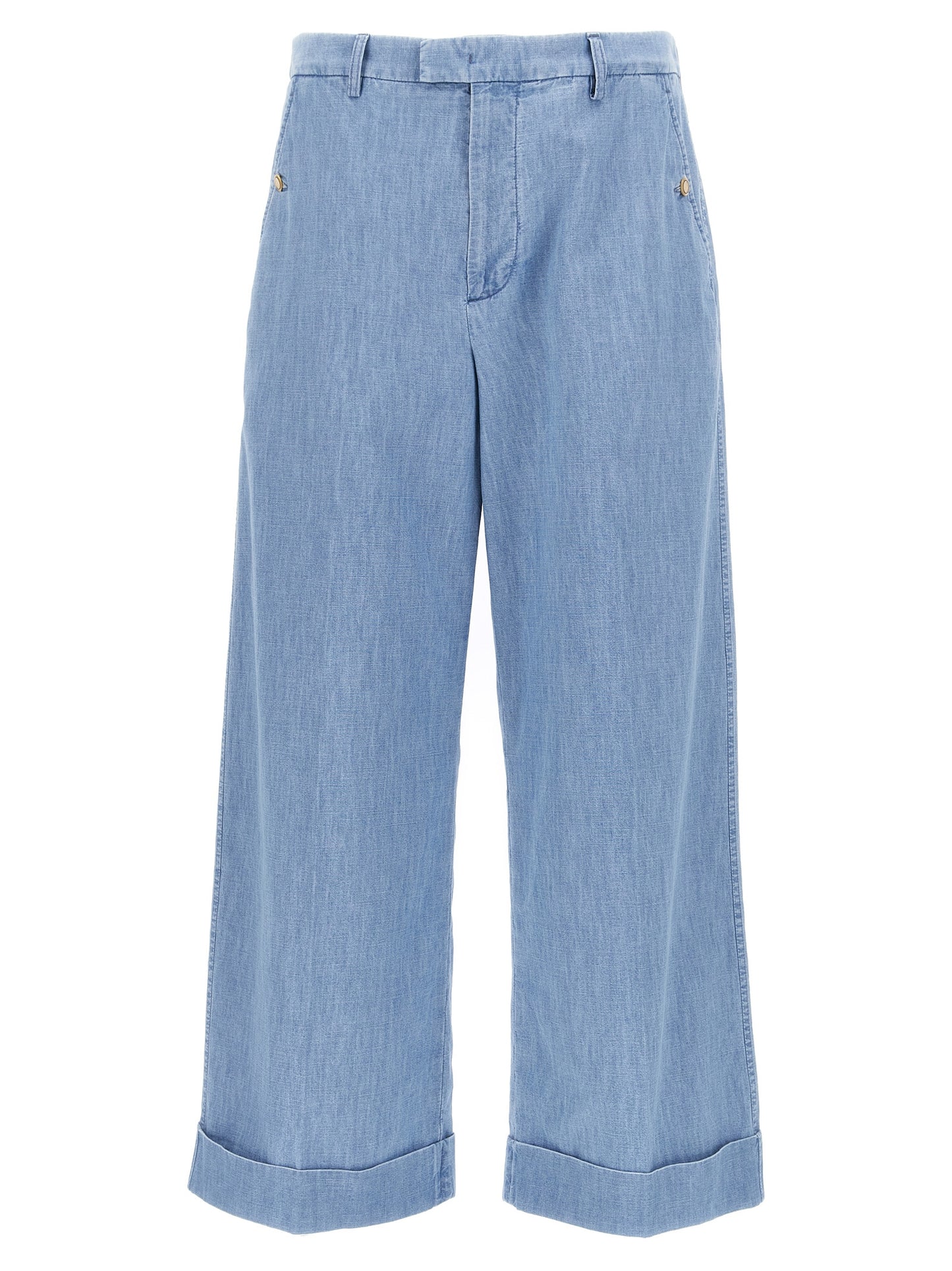 Jeans by Valentino Garavani for men in denim cotton blue features a polished silhouette with a polished wide, reaching a polished long and finished with a polished high rise.