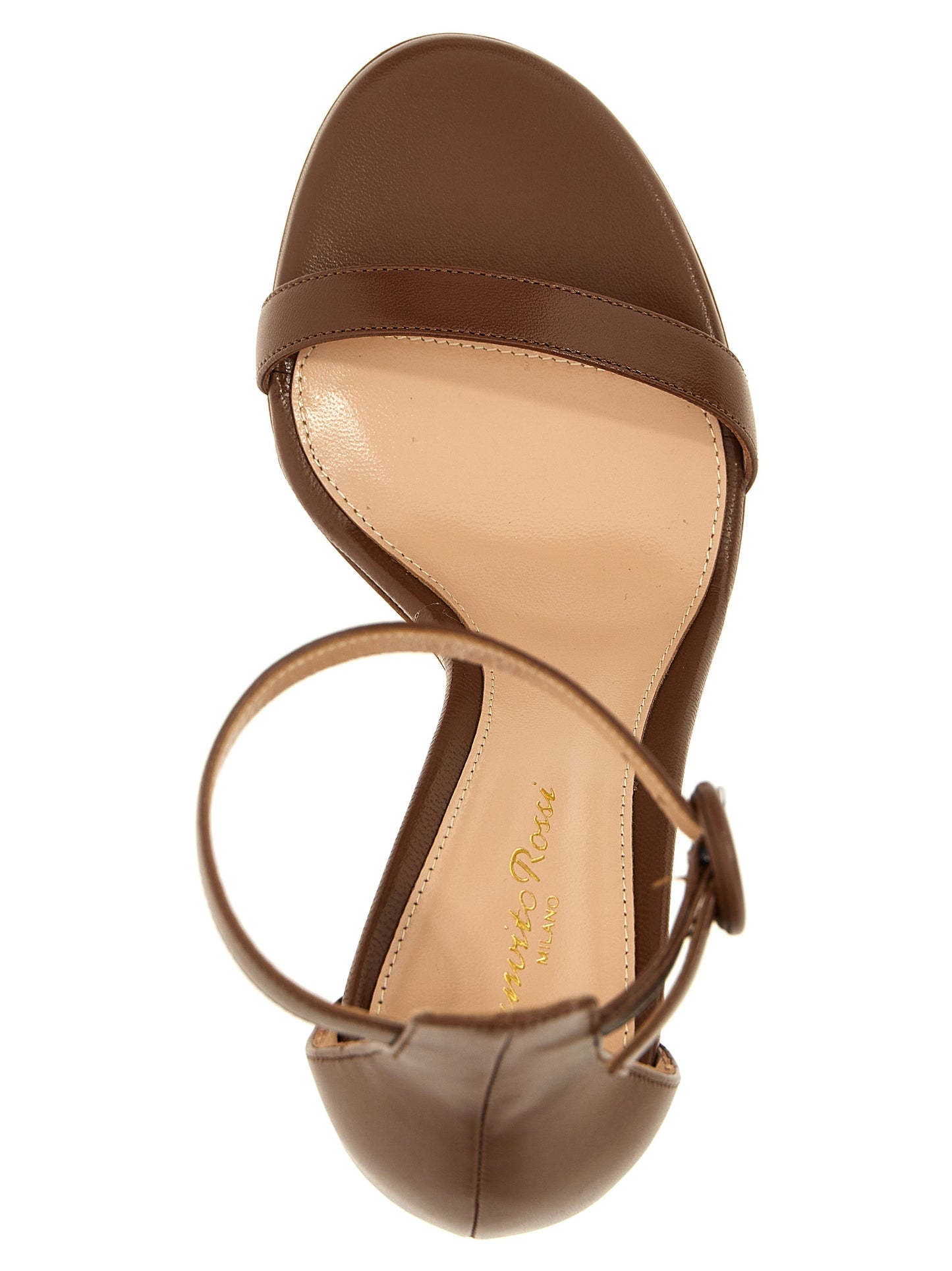 Stiletto Ankle Strap Sandals by Gianvito Rossi for women in goatskin leather and brown presents a captivating silhouette, showcasing the signature style of the Women's Goatskin Leather Stiletto Ankle Strap Sandals with a captivating stiletto and captivating .