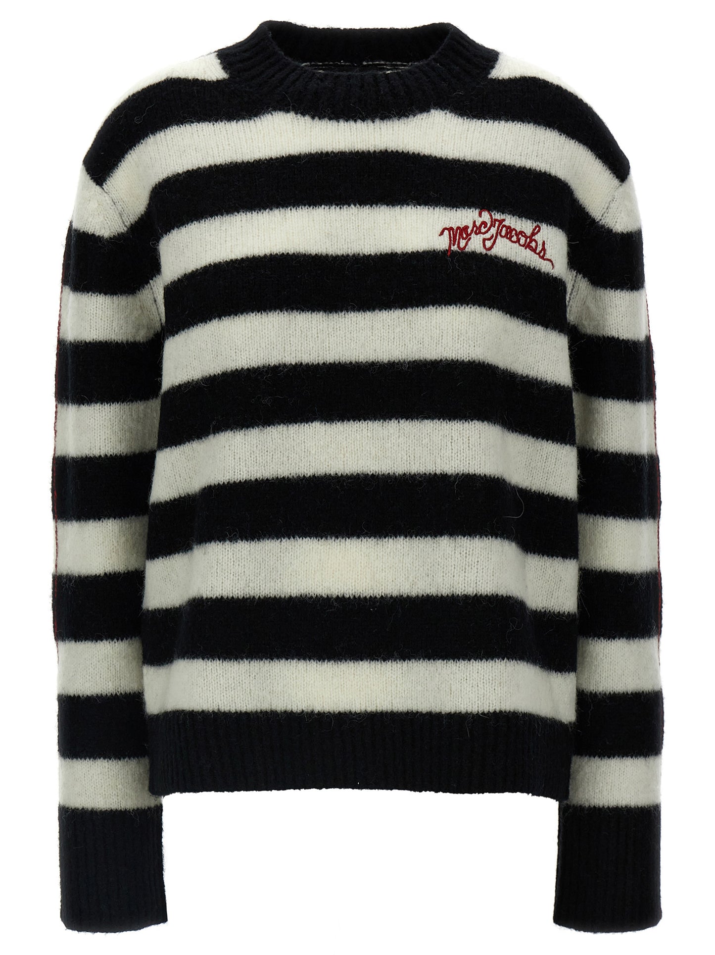 Cardigan by Marc Jacobs for women in alpaca wool bicolour, black, white & striped presents a textural silhouette, artfully finished with a textural crew neckline and for a sophisticated, textural look.