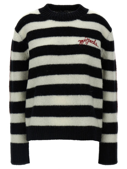 Cardigan by Marc Jacobs for women in alpaca wool bicolour, black, white & striped presents a textural silhouette, artfully finished with a textural crew neckline and for a sophisticated, textural look.