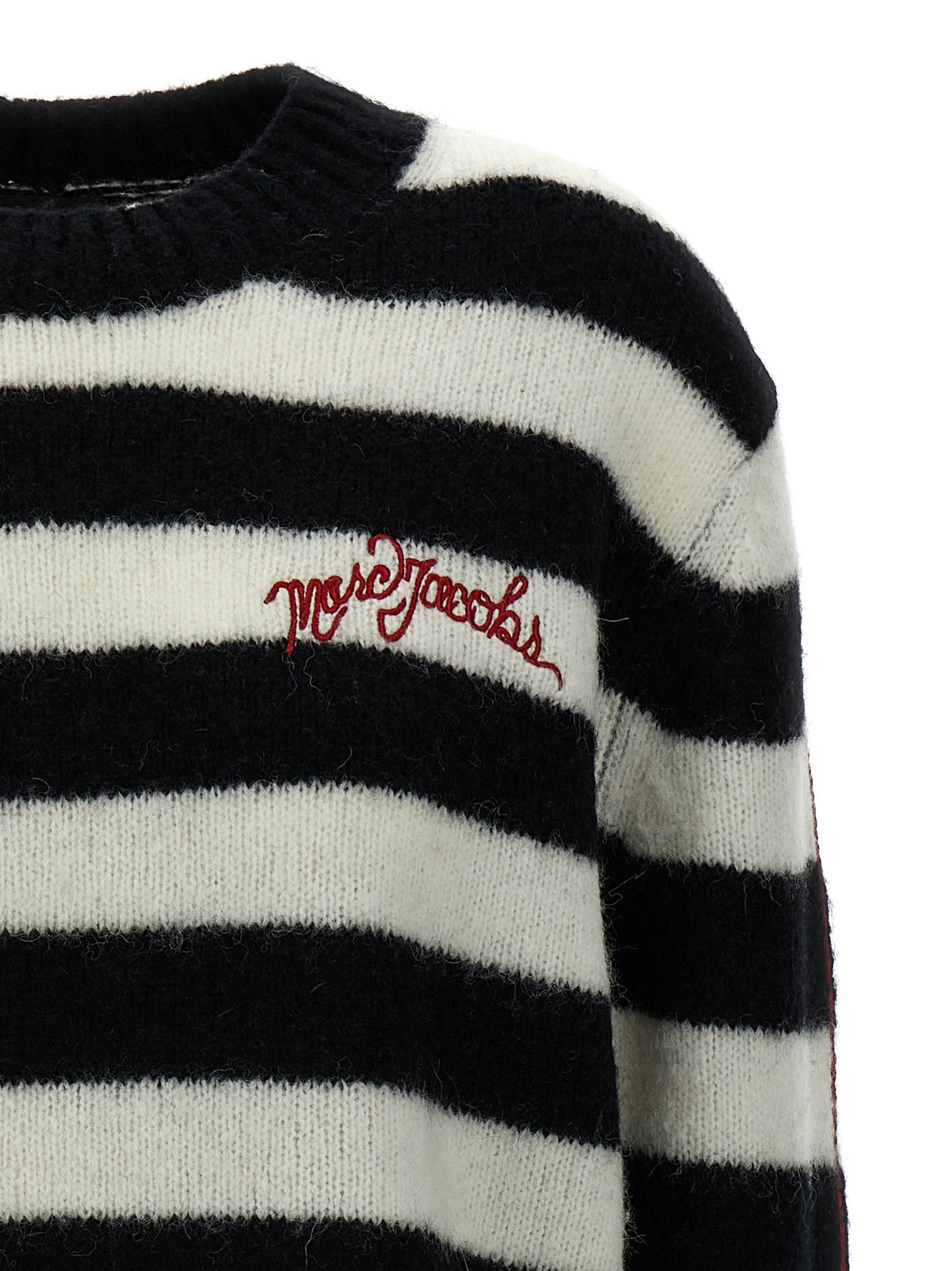 Cardigan by Marc Jacobs for women in alpaca wool bicolour, black, white & striped showcases a captivating silhouette, artfully detailed with a captivating and crew neckline for a truly sophisticated captivating look.