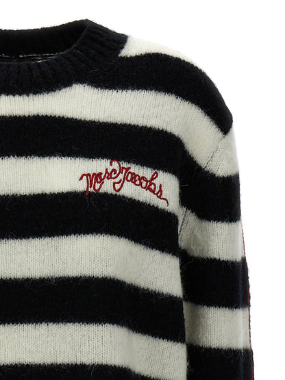 Cardigan by Marc Jacobs for women in alpaca wool bicolour, black, white & striped showcases a captivating silhouette, artfully detailed with a captivating and crew neckline for a truly sophisticated captivating look.