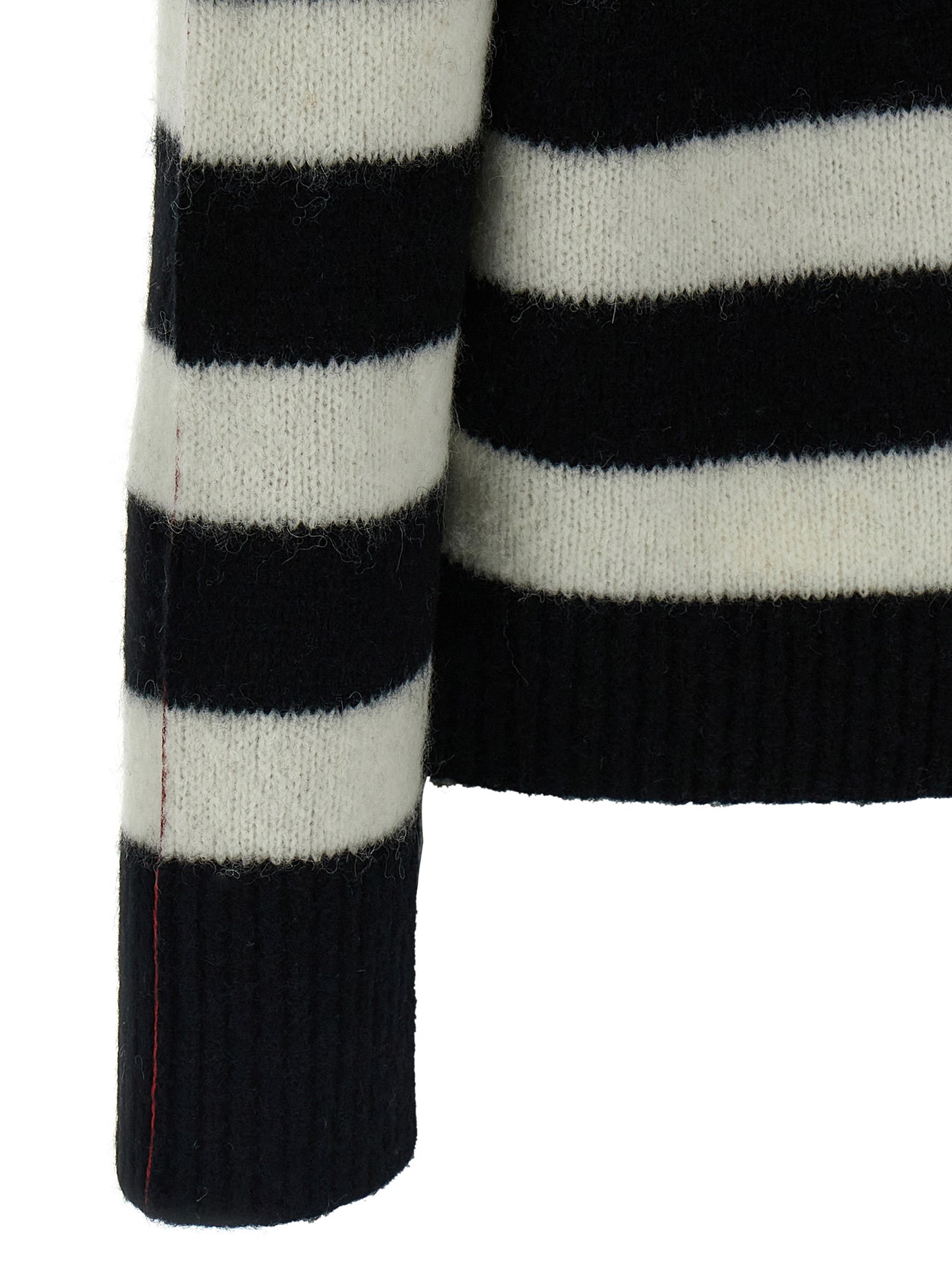Cardigan by Marc Jacobs for women in alpaca wool bicolour, black, white & striped features a dramatic silhouette, showcasing a sophisticated and dramatic detail for a timeless, premium look.