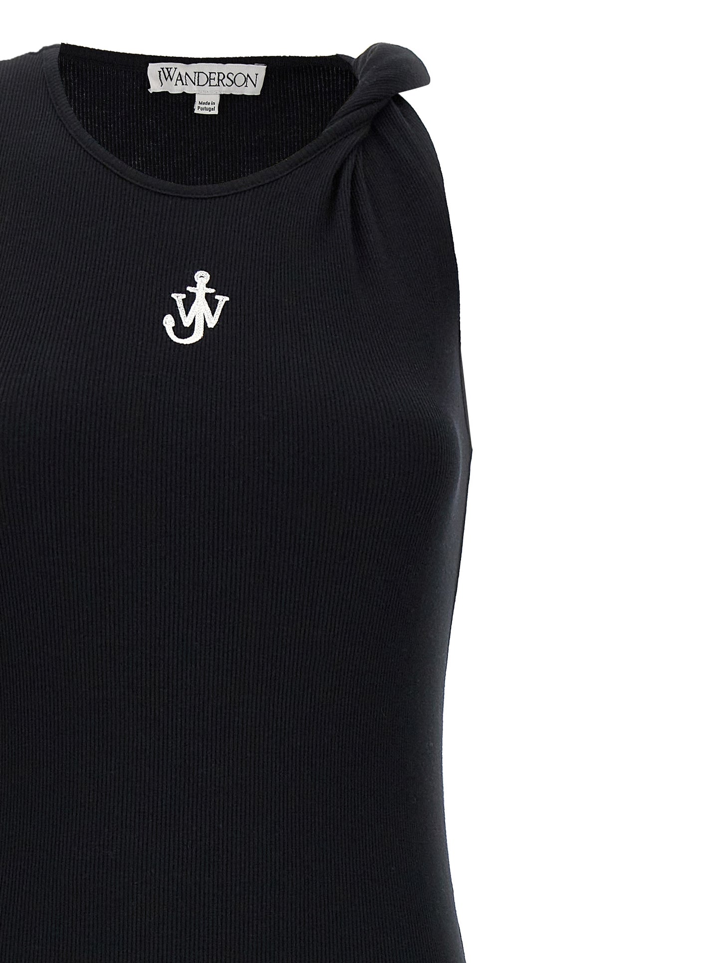 Dress by J.W.Anderson for women in cotton black presents a sinuous silhouette, showcasing a sophisticated round neckline and detailed with a sinuous midi for a refined finish.