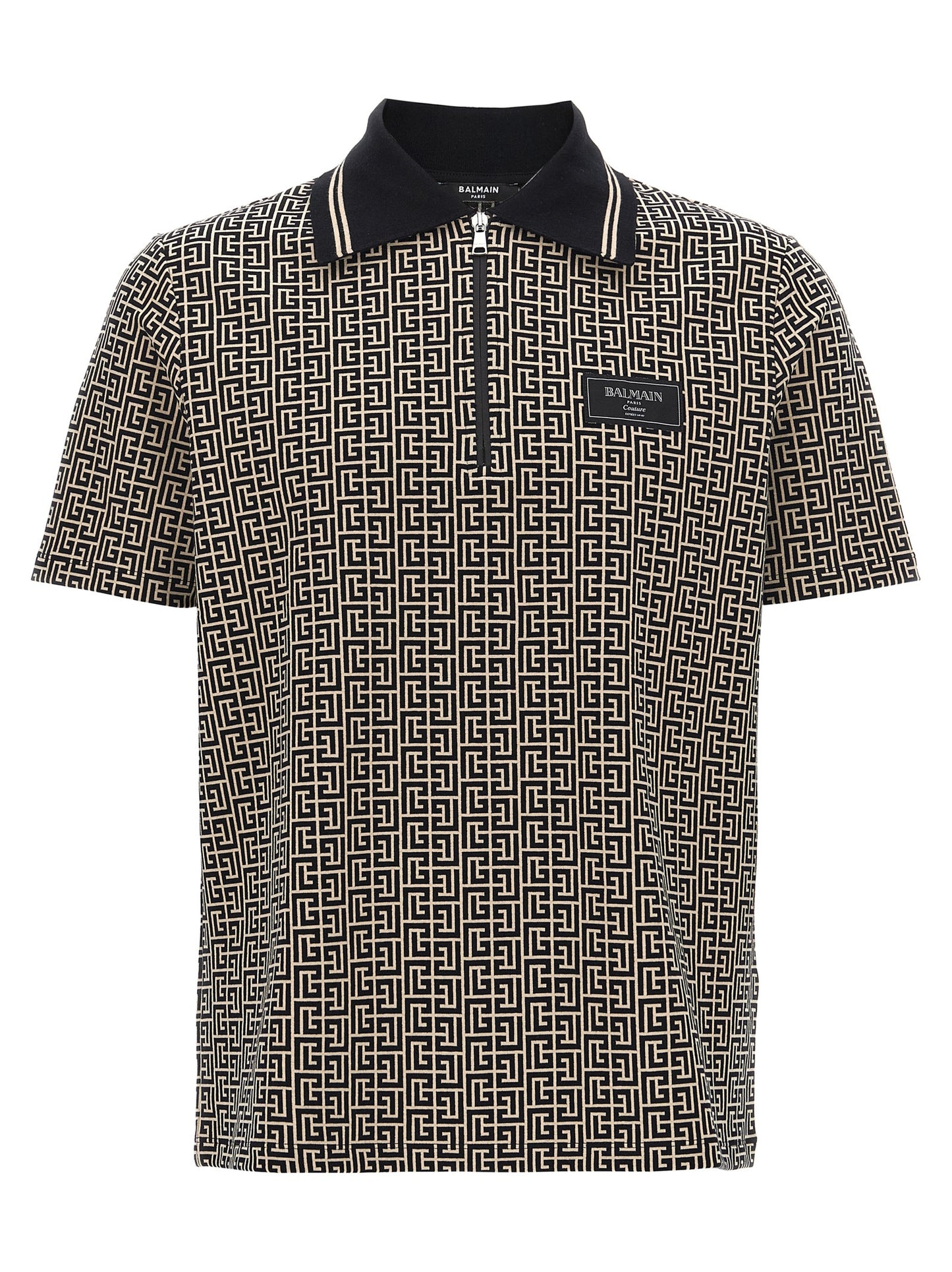 Polo Shirt by Balmain for men in stretch organic cotton bicolour, black, white, patterned, jacquard & monogram presents a distinguished silhouette, showcasing a sophisticated and distinguished short-sleeve for a truly distinguished finish.
