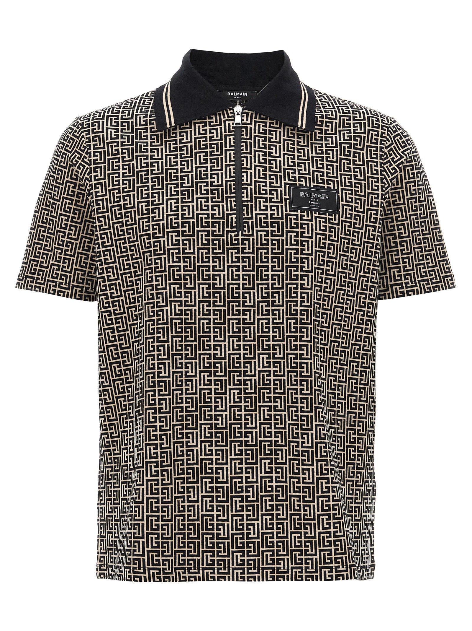 Polo Shirt by Balmain for men in stretch organic cotton bicolour, black, white, patterned, jacquard & monogram presents a distinguished silhouette, showcasing a sophisticated and distinguished short-sleeve for a truly distinguished finish.