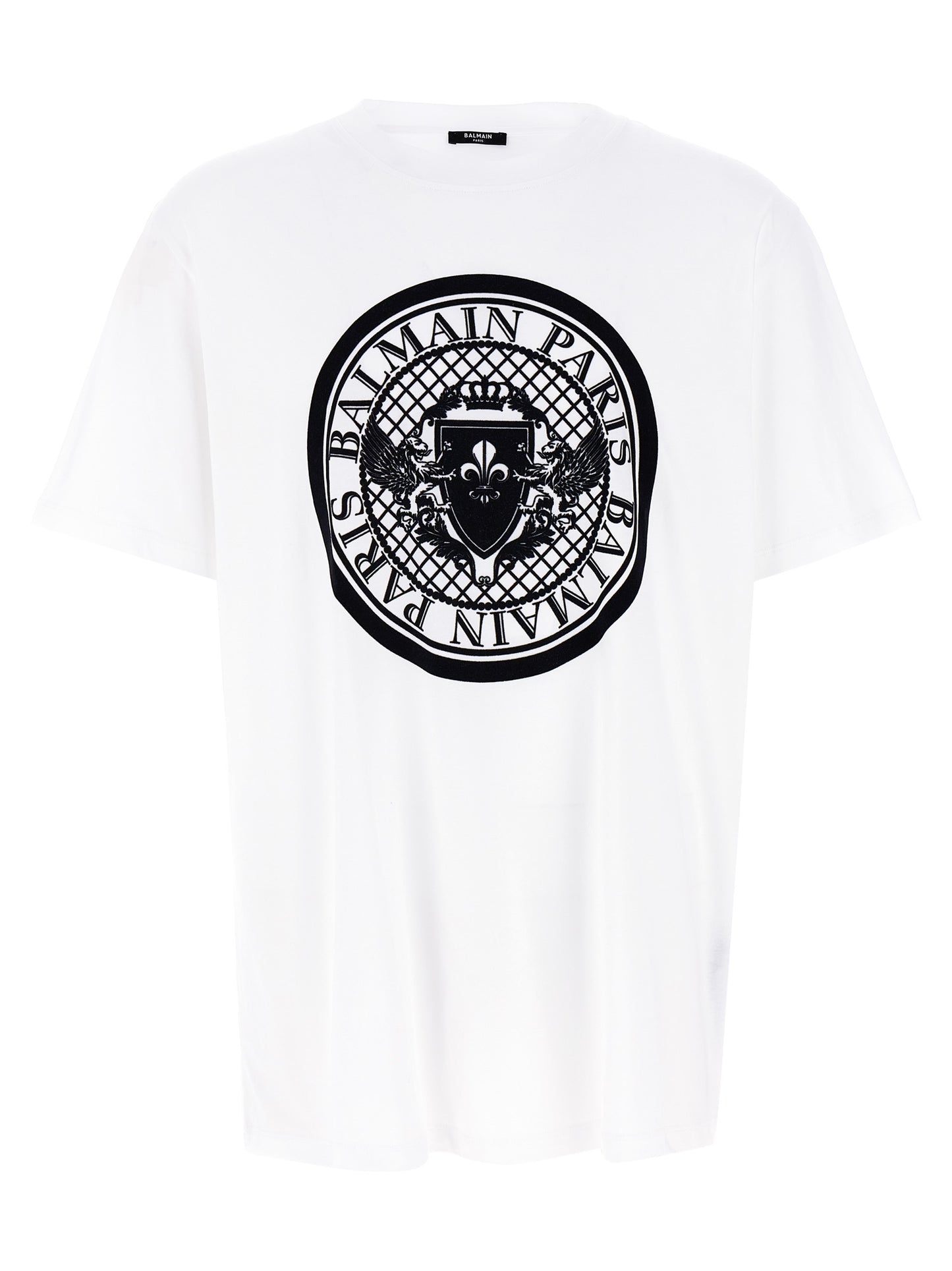 T-Shirt by Balmain for men in organic cotton velvet bicolour, black & white showcases a chic silhouette, artfully detailed with a chic crew neckline and short-sleeve for a chic finish.