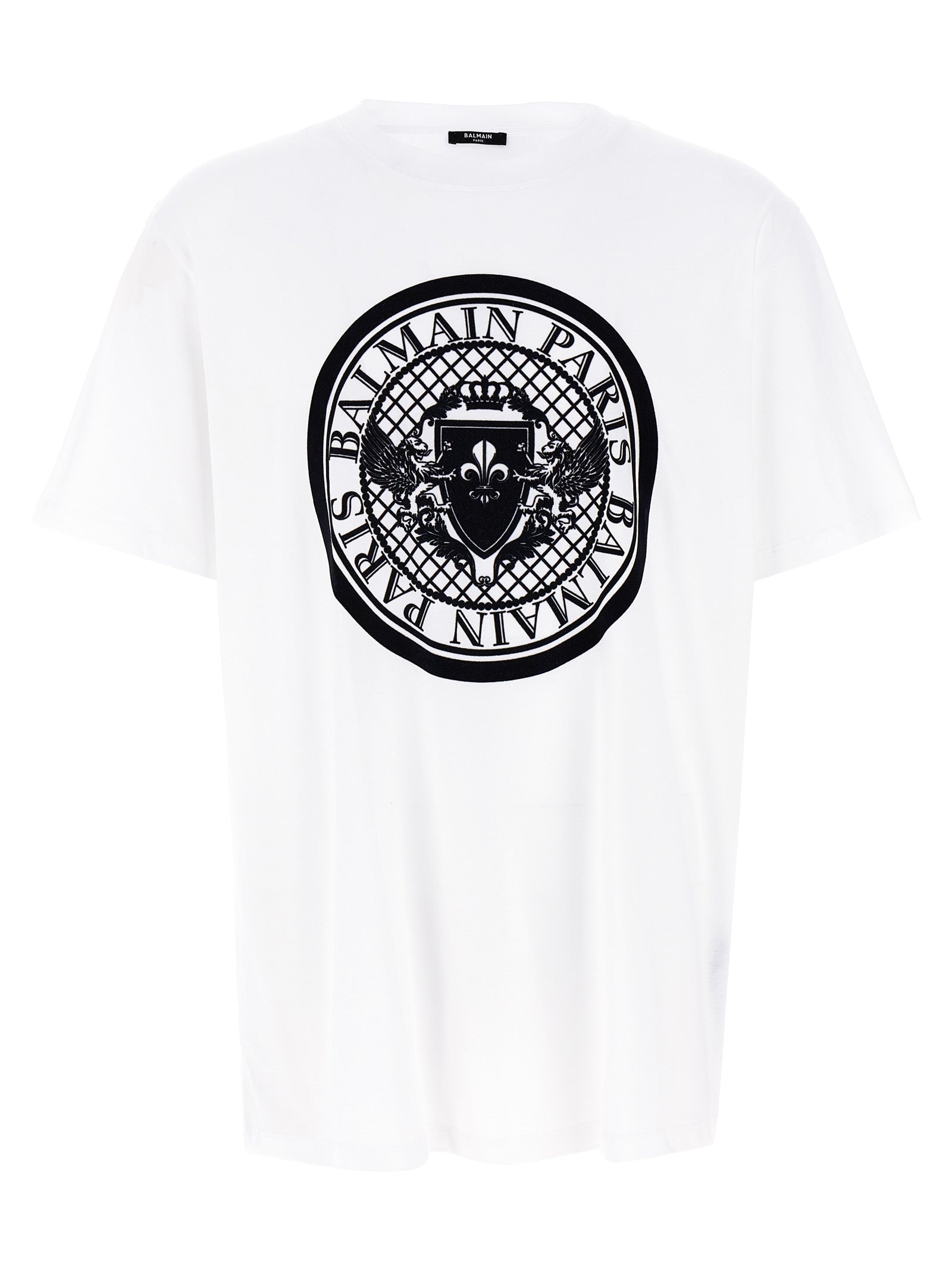 T-Shirt by Balmain for men in organic cotton velvet bicolour, black & white showcases a chic silhouette, artfully detailed with a chic crew neckline and short-sleeve for a chic finish.