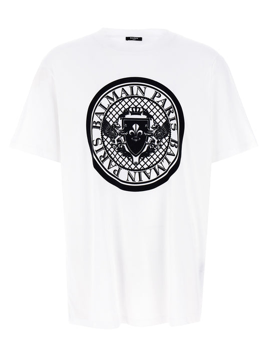 T-Shirt by Balmain for men in organic cotton velvet bicolour, black & white showcases a chic silhouette, artfully detailed with a chic crew neckline and short-sleeve for a chic finish.